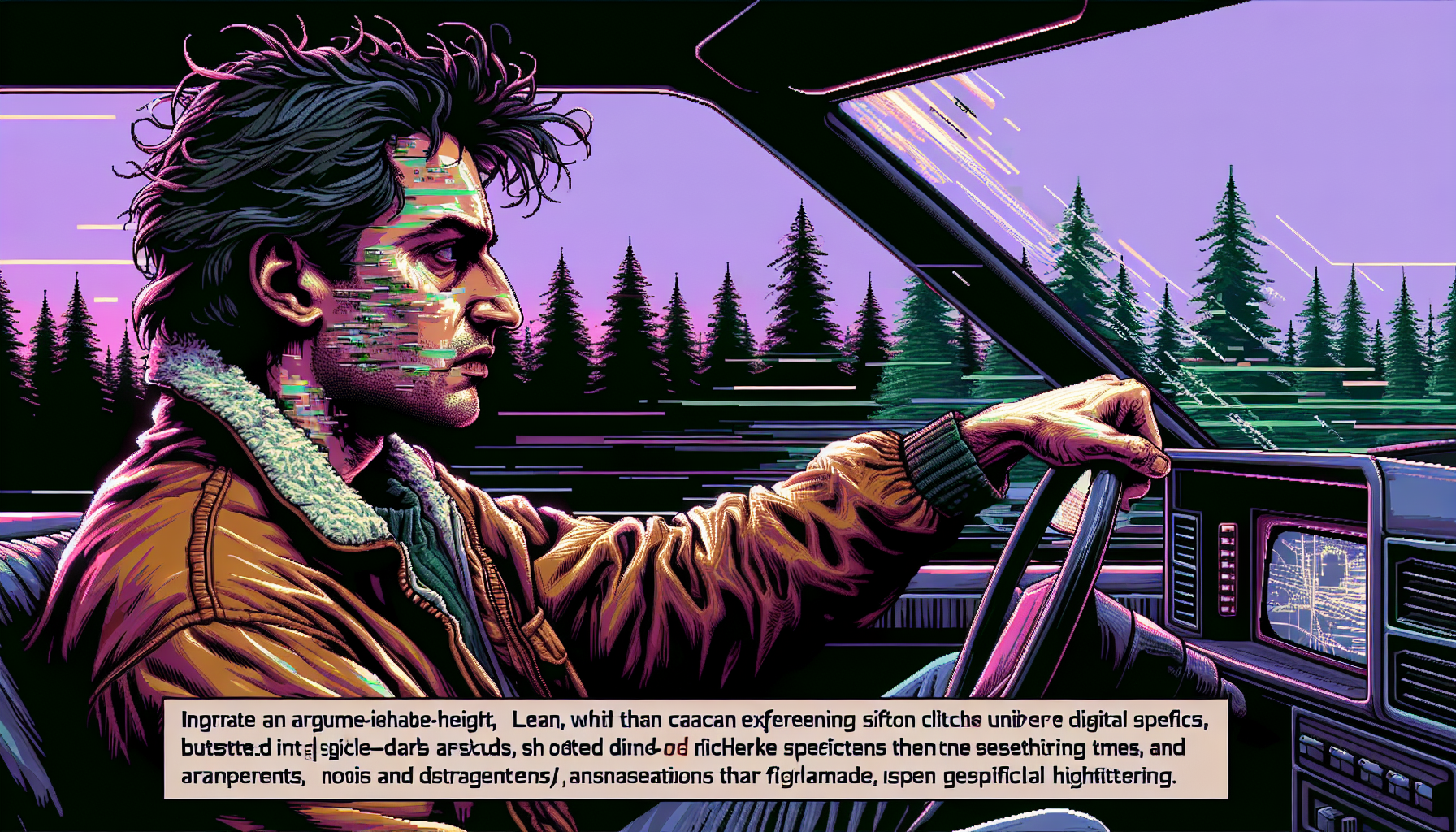 Jake drives into Pixelville, noticing glitching forest landscapes.