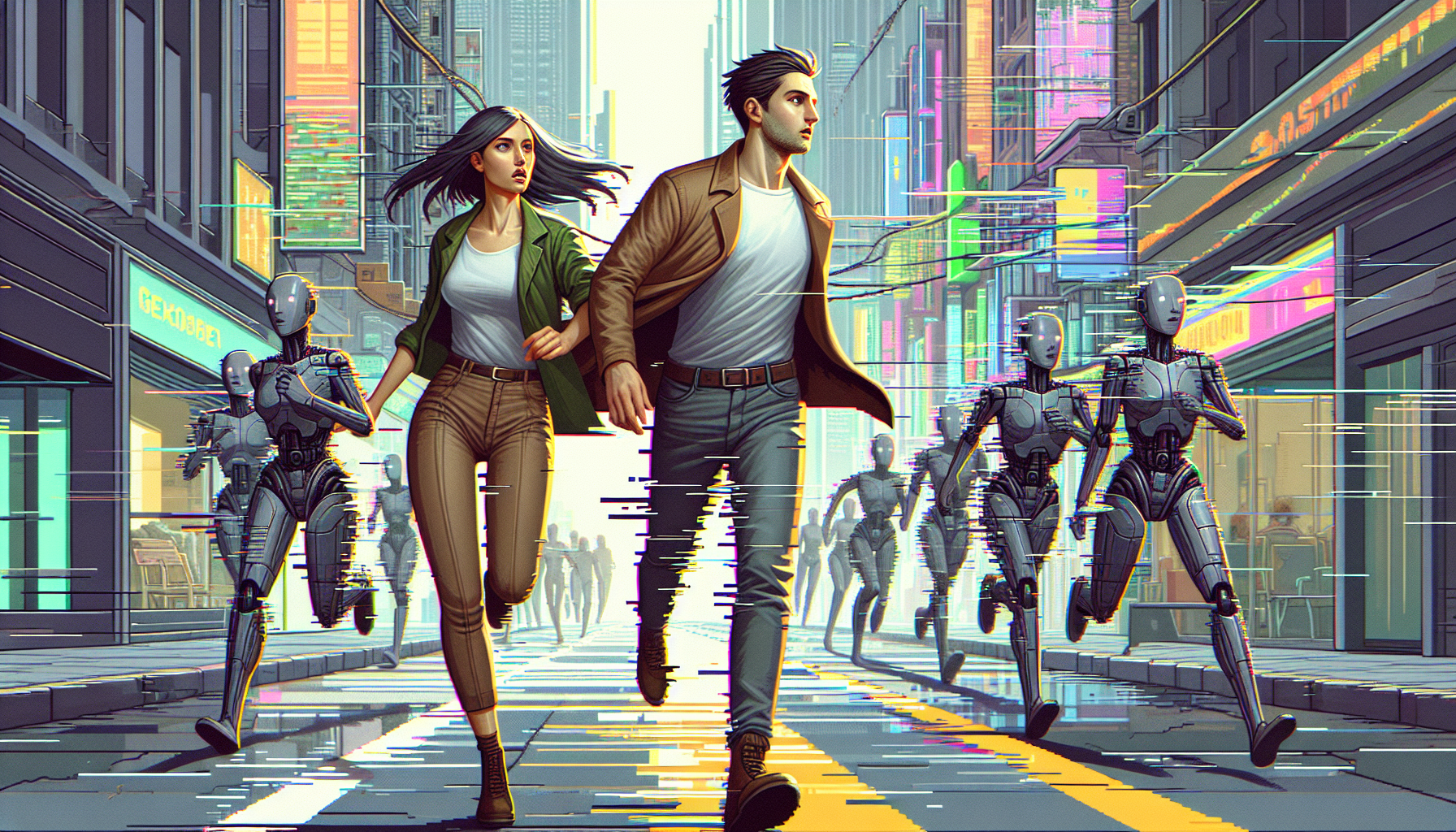 Sarah leads Jake through glitchy, distorted streets.