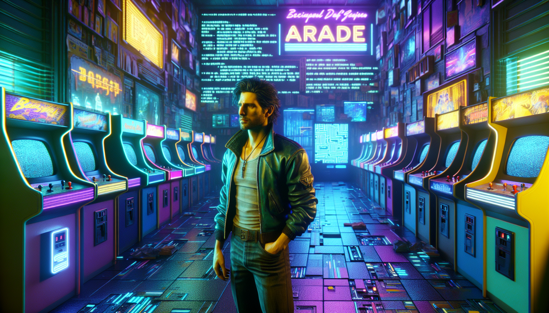 Jake stands at the entrance of the ominously glowing Neon Nexus arcade.