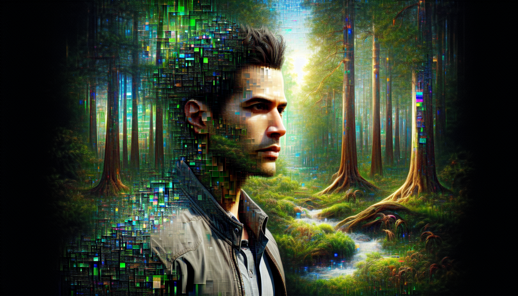 Jake explores a surreal, glitching forest landscape.