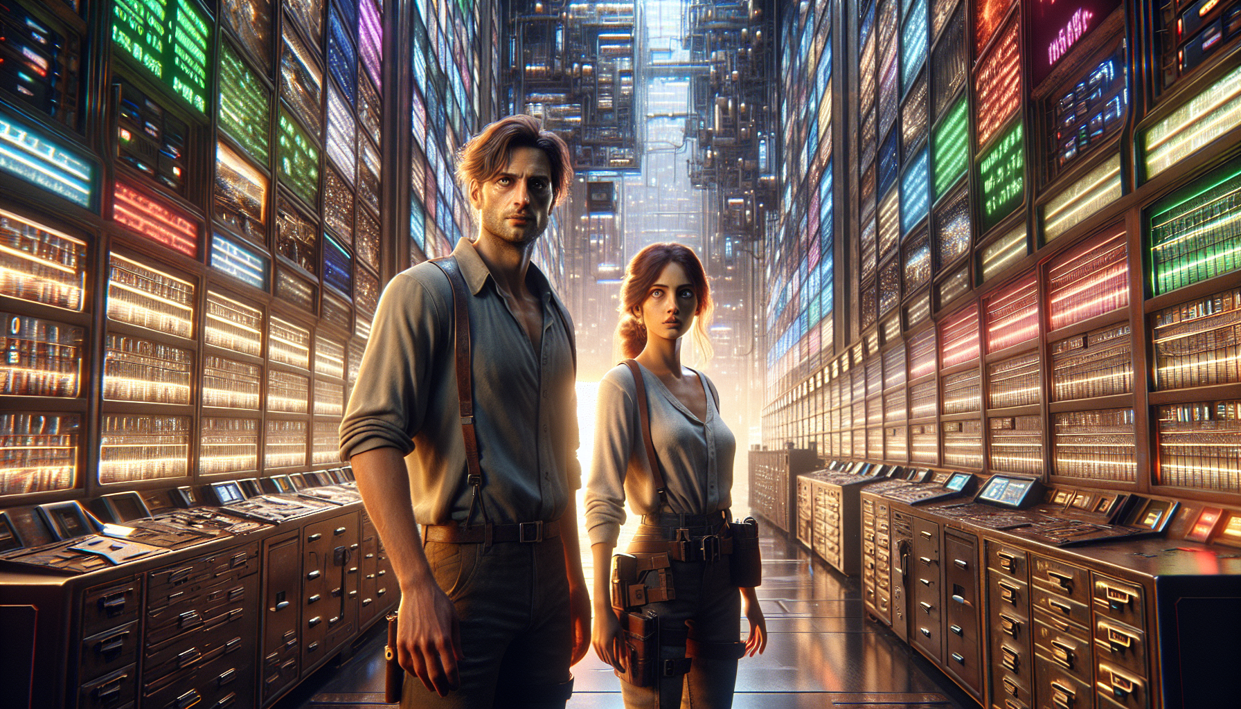 Jake and Sarah face the Neon Nexus arcade, highlighted by an arrow of light.