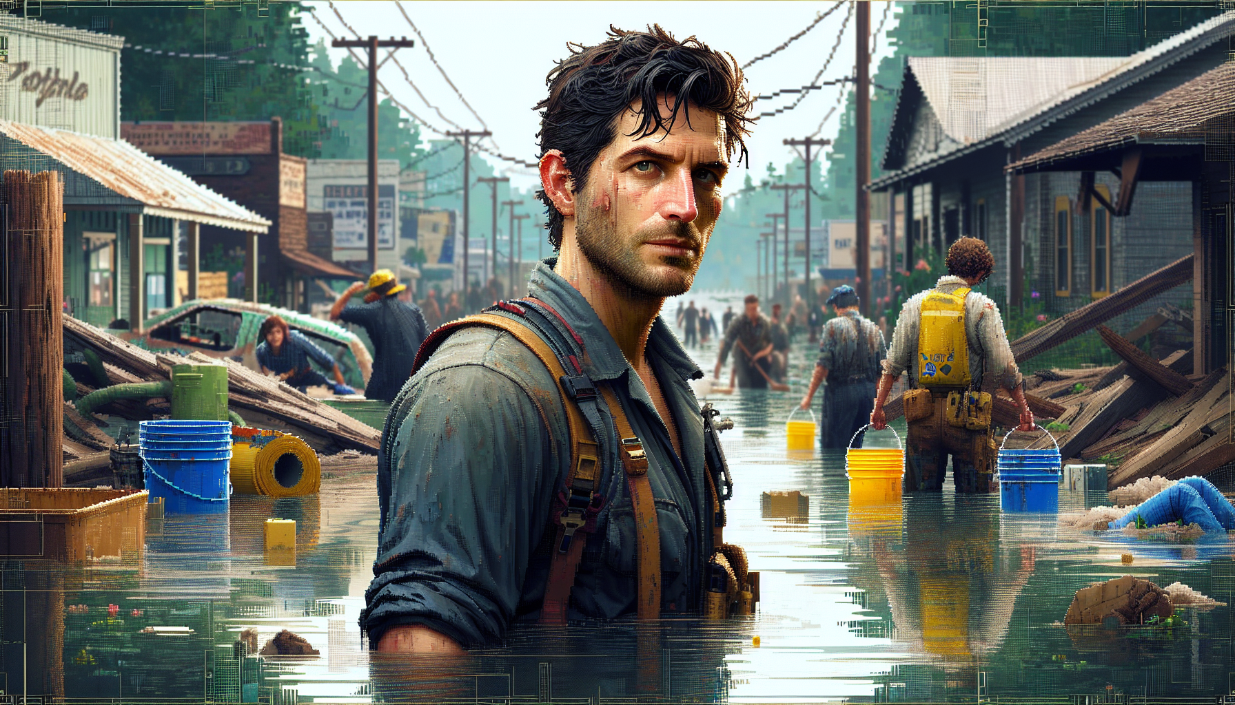 Jake navigates a digitally flooded street filled with futile NPCs.