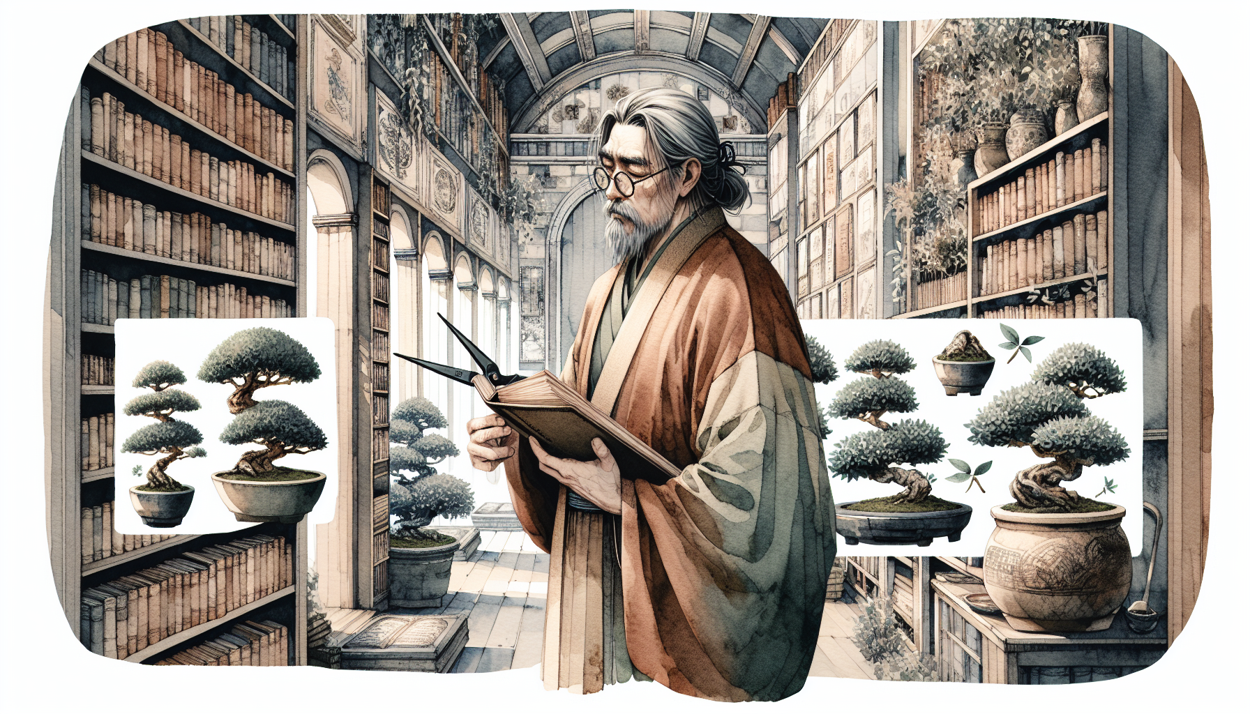 Mr. Tanaka reveals a hidden garden of bonsai trees behind the bookstore.