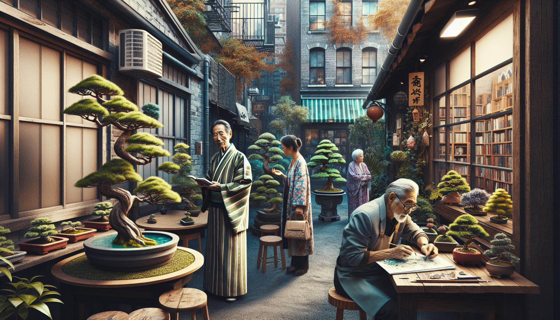 Five individuals, each drawn to a unique bonsai tree in the garden.