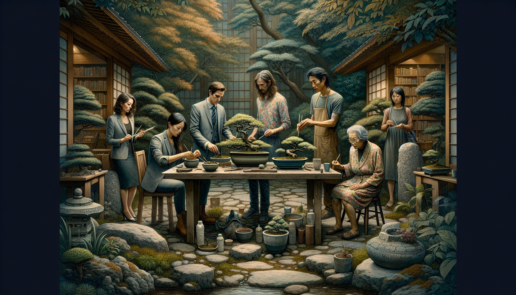 The characters begin their first bonsai lesson with tools laid out on a table.