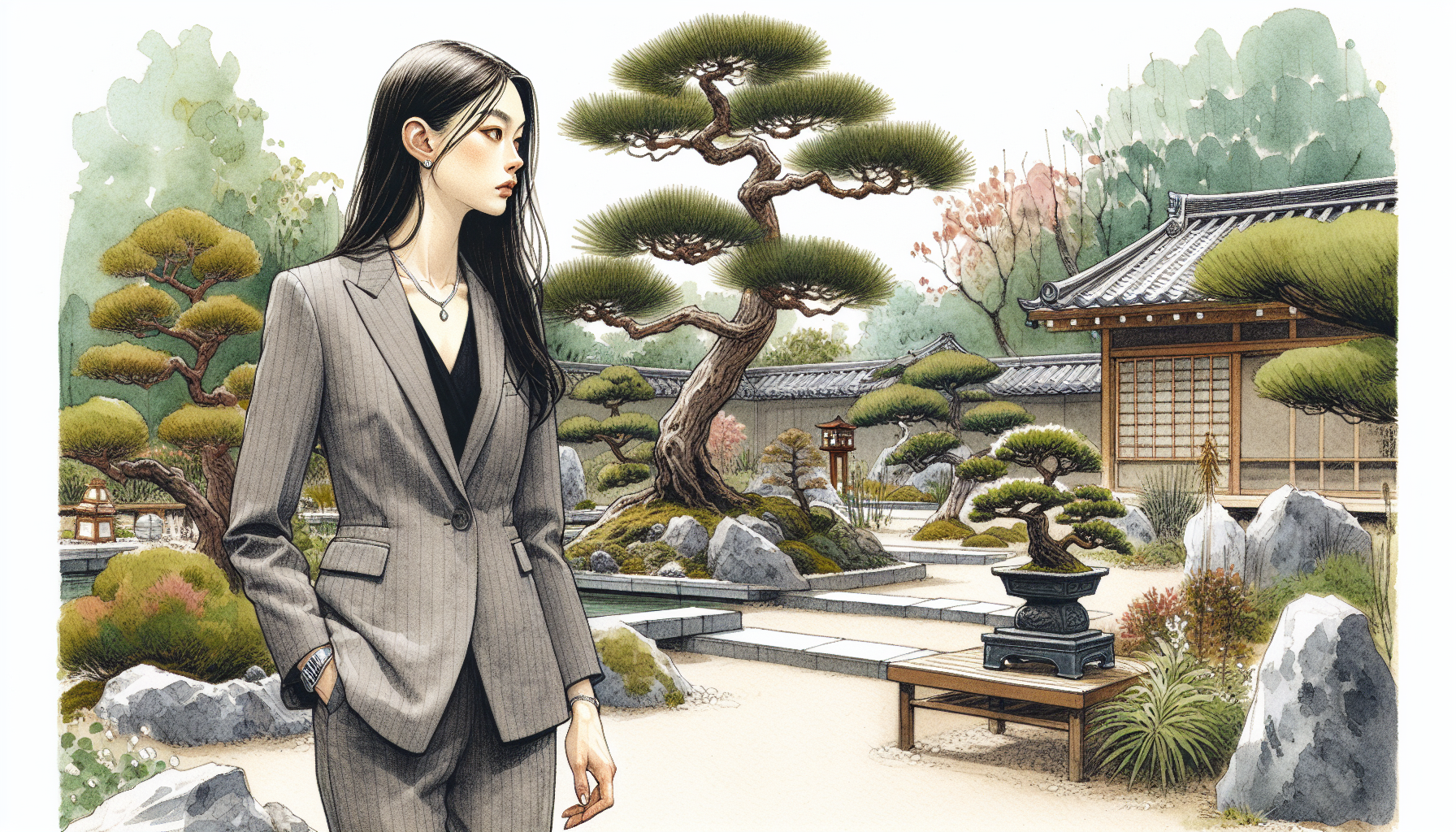 Yuki tentatively begins to prune her Japanese white pine bonsai.