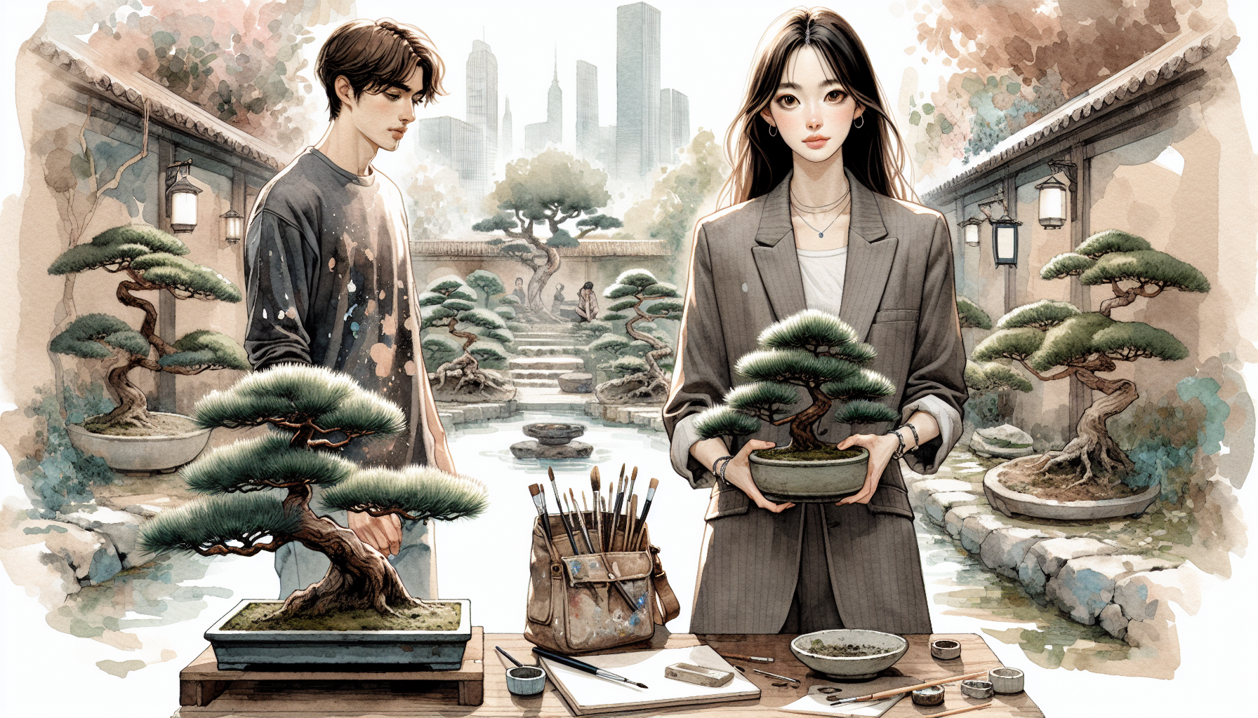 Yuki and Hiro work on their bonsai trees, reflecting their internal struggles.