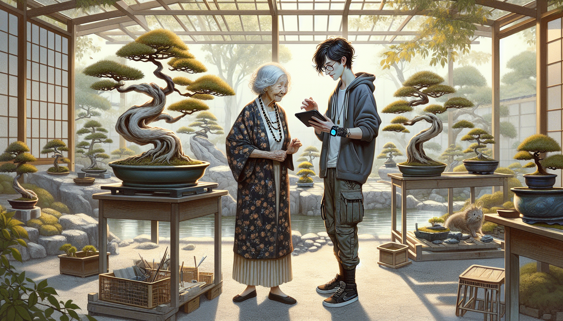 Emi and Takeshi collaborate on capturing her stories as they tend to the Japanese maple.