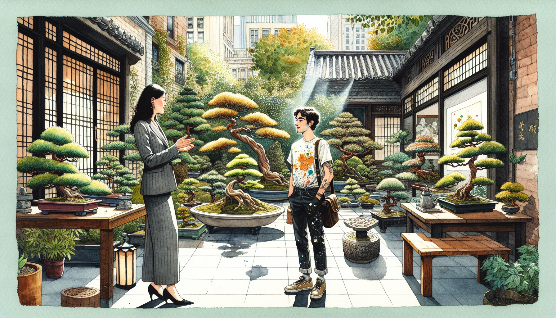 Yuki confides in Hiro about leaving her marriage while tending to her bonsai.