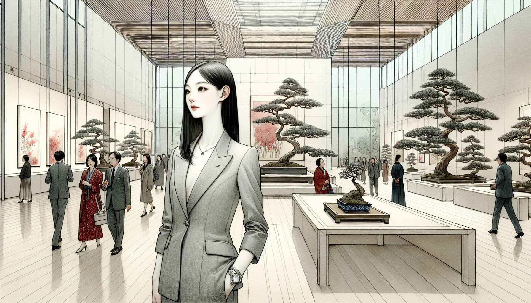 Yuki approaches her bonsai at the exhibition with newfound confidence.