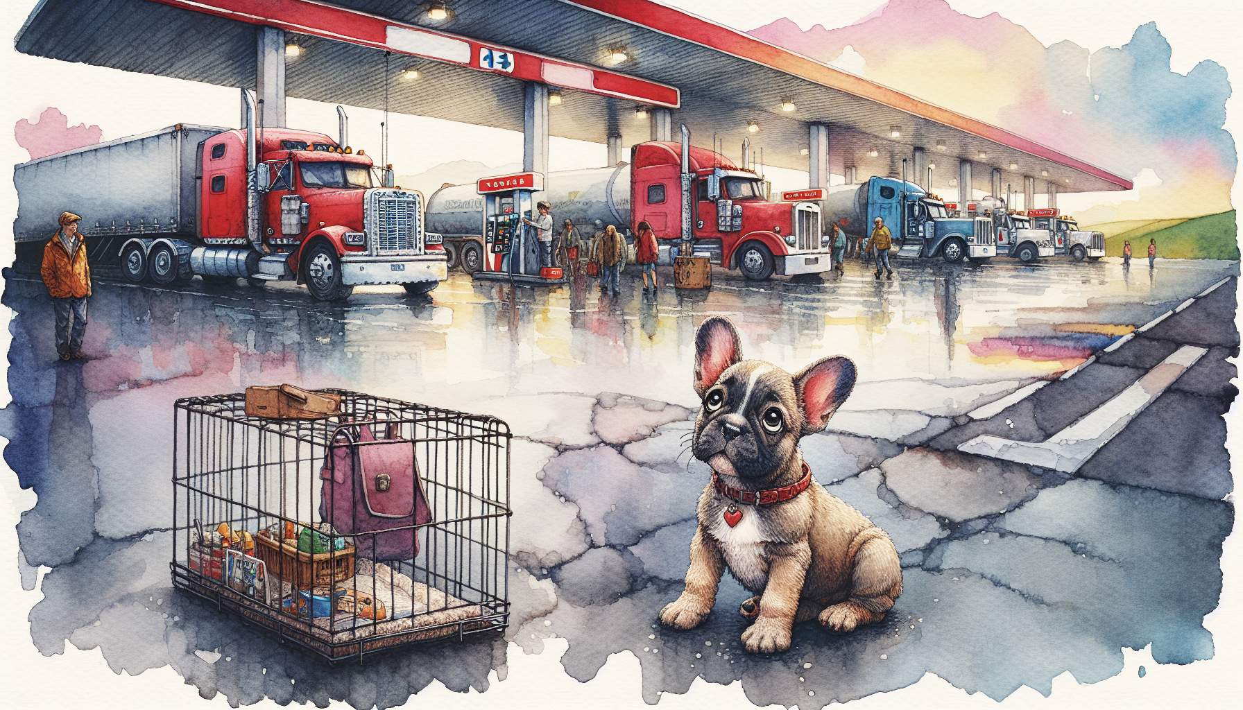 Remy the puppy in a crate at a busy Kansas truck stop.