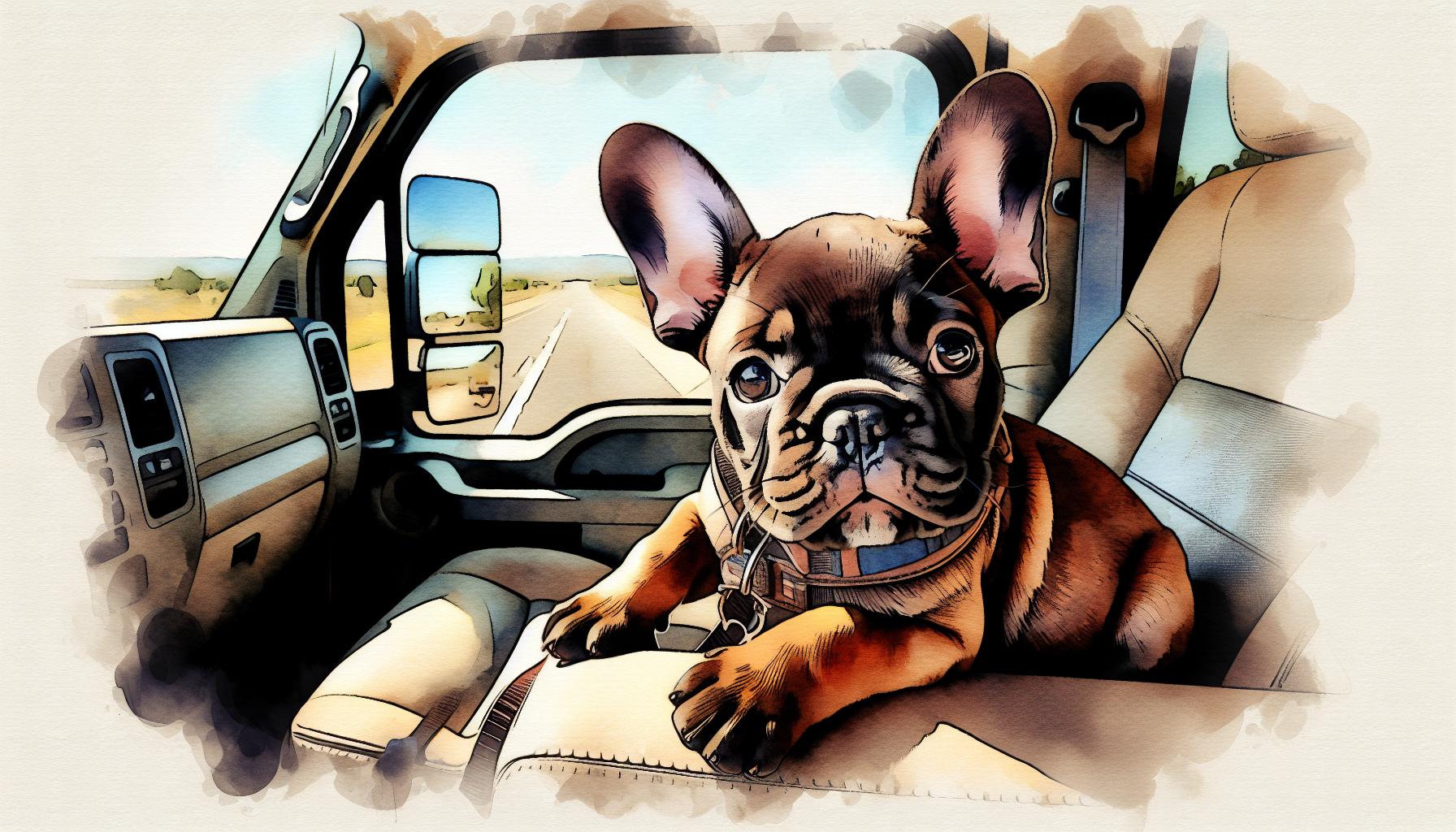 Remy in the truck, looking out at the open road.