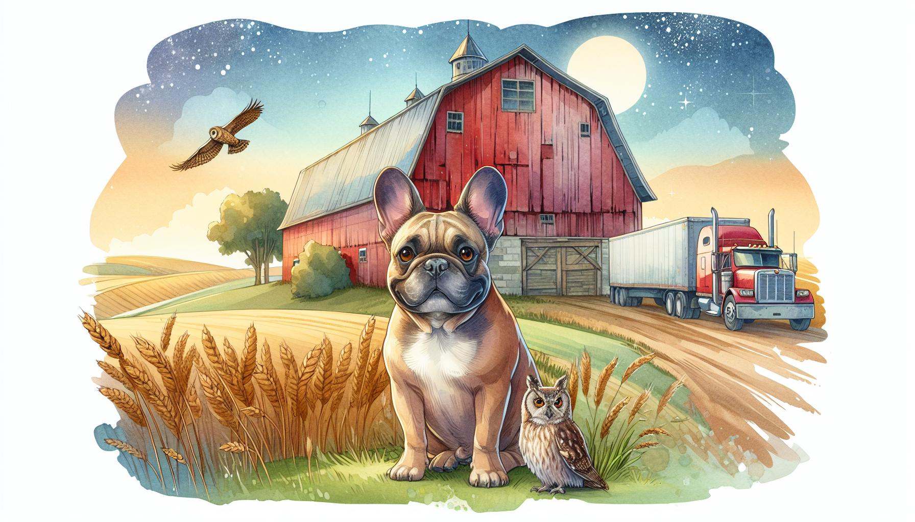 Remy next to a red barn in Missouri farmlands.