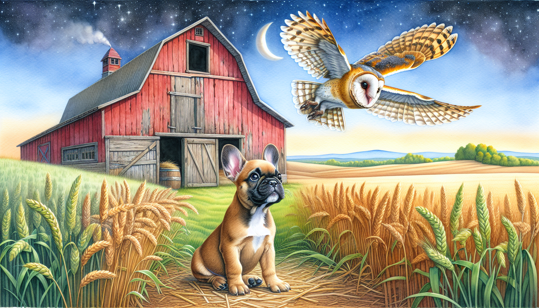 Hoot the owl meets Remy outside the barn.