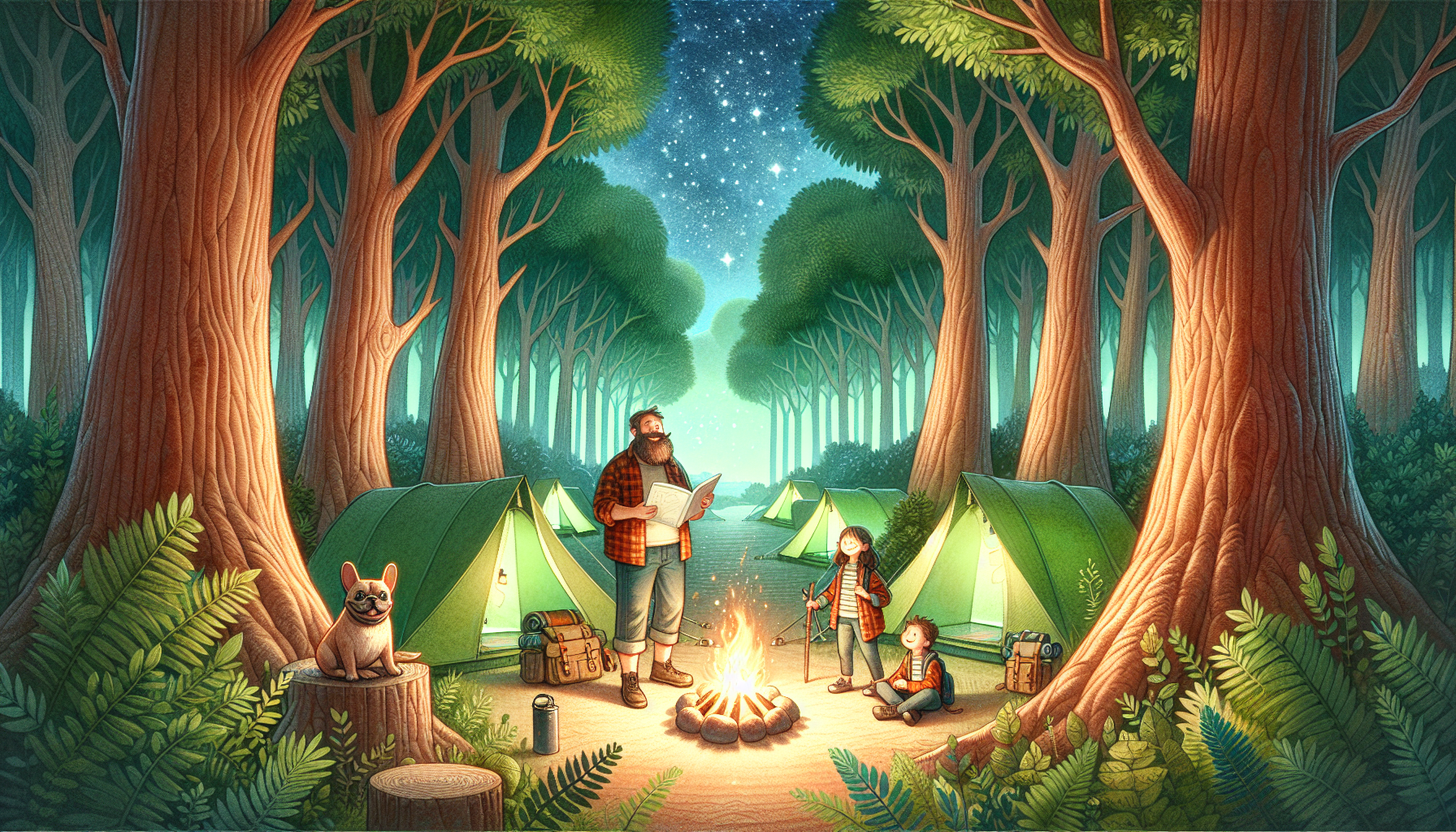 Family and Remy around a campfire at an Illinois campground.