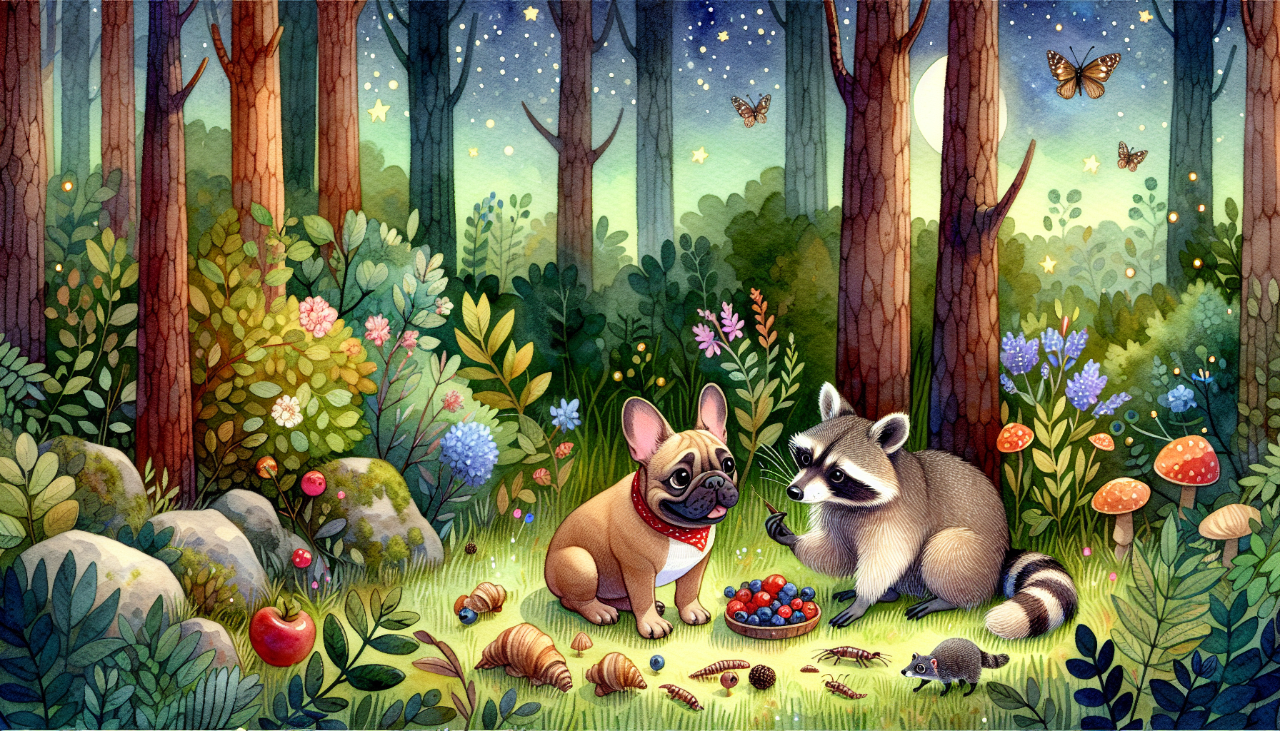 Remy and Bandit dining under the stars in the woods.