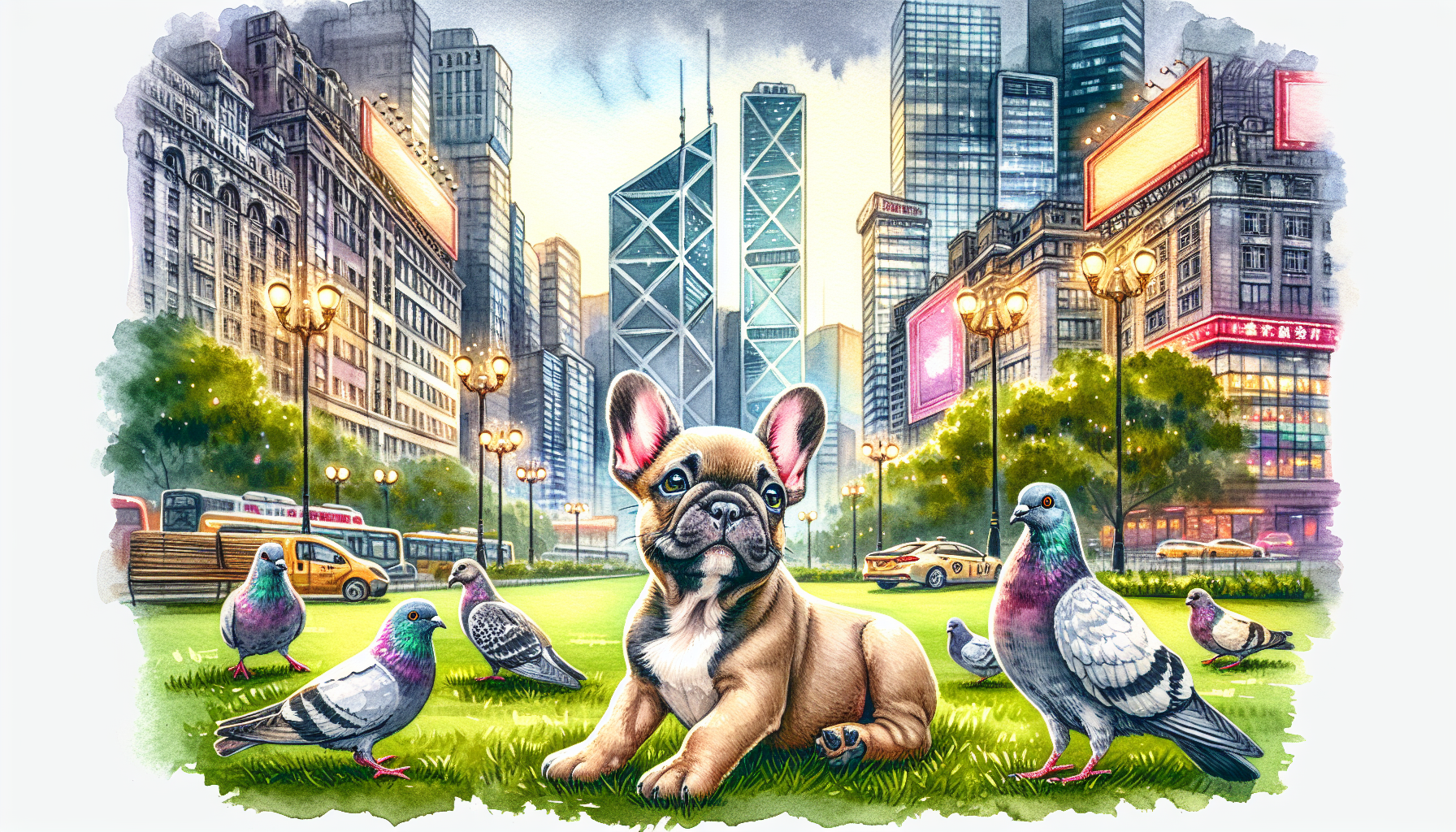 Remy rolls in the grass in Central Park with pigeons.