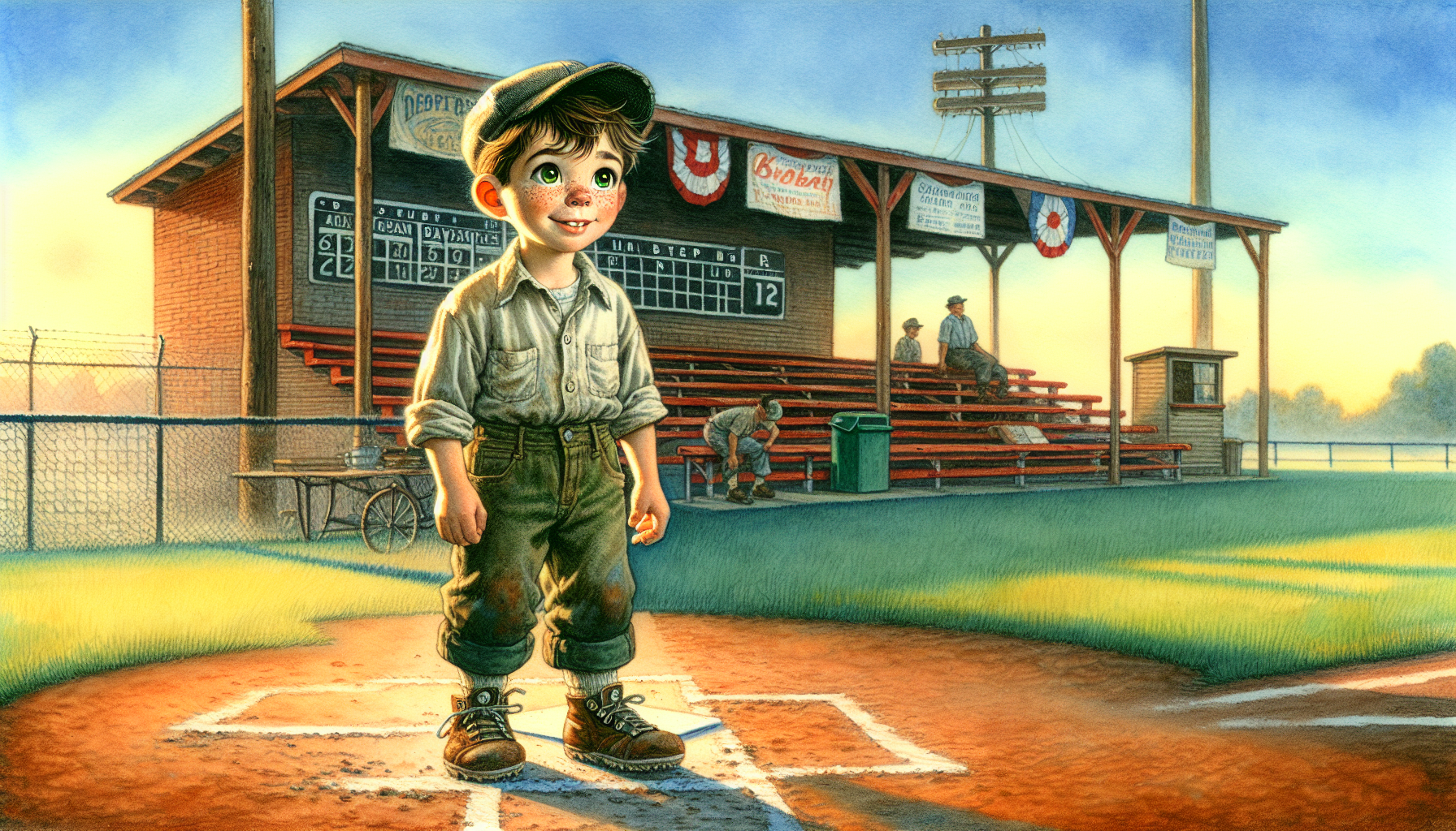 Billy stands on an empty Mudville Baseball Field at sunrise, looking despondent.