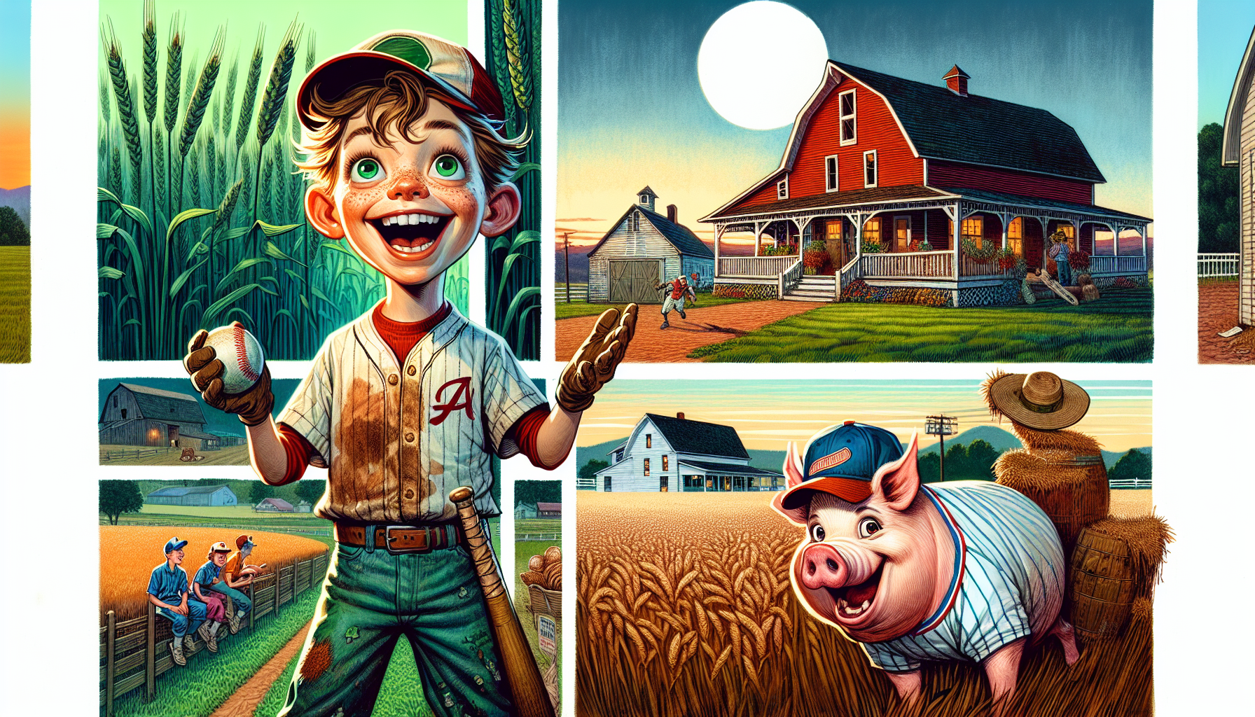 Billy excitedly talks to Big Boy near a sunset-painted barn.