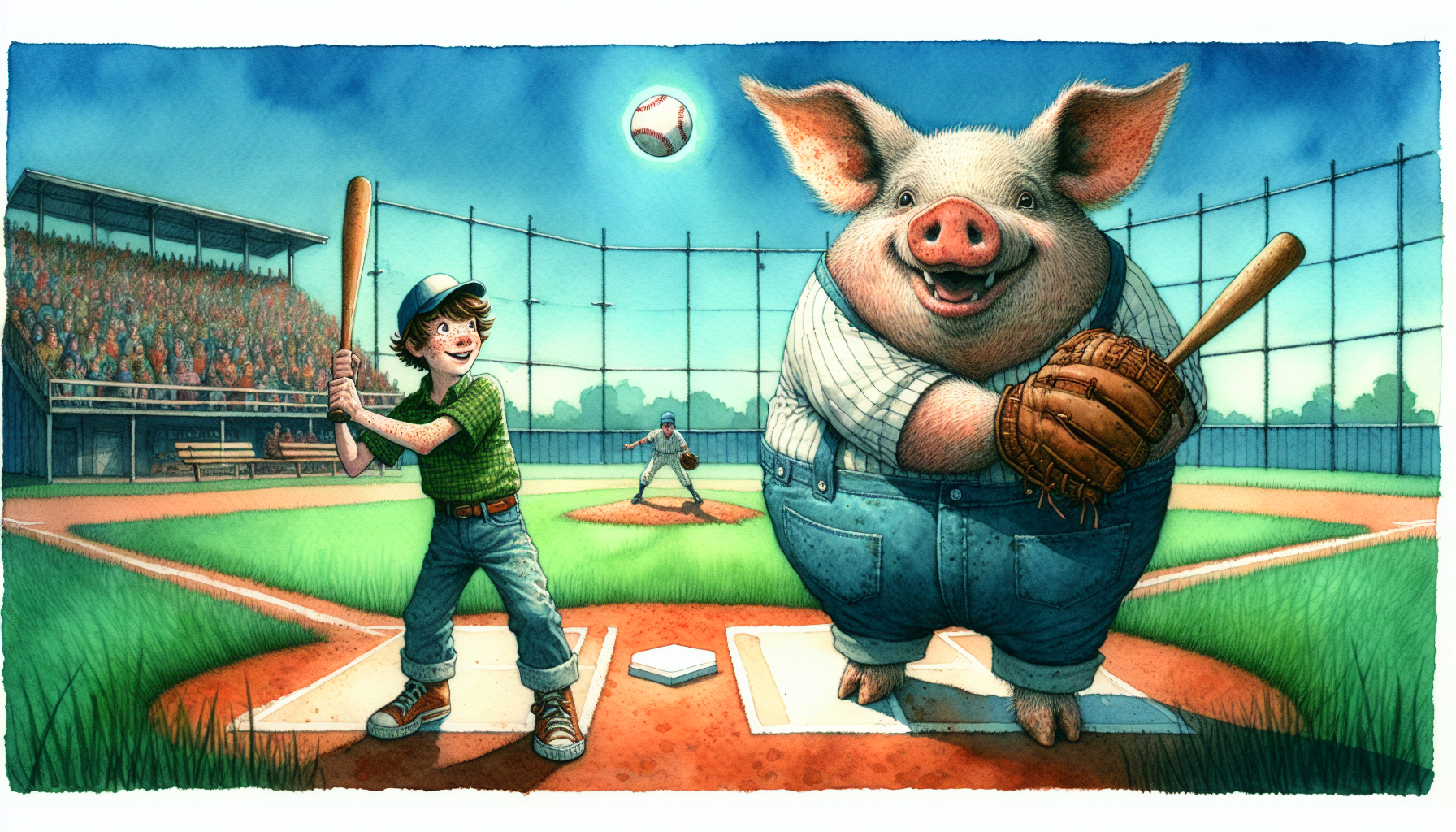 Big Boy hits a baseball with an oven mitt on his hoof, sending it soaring.