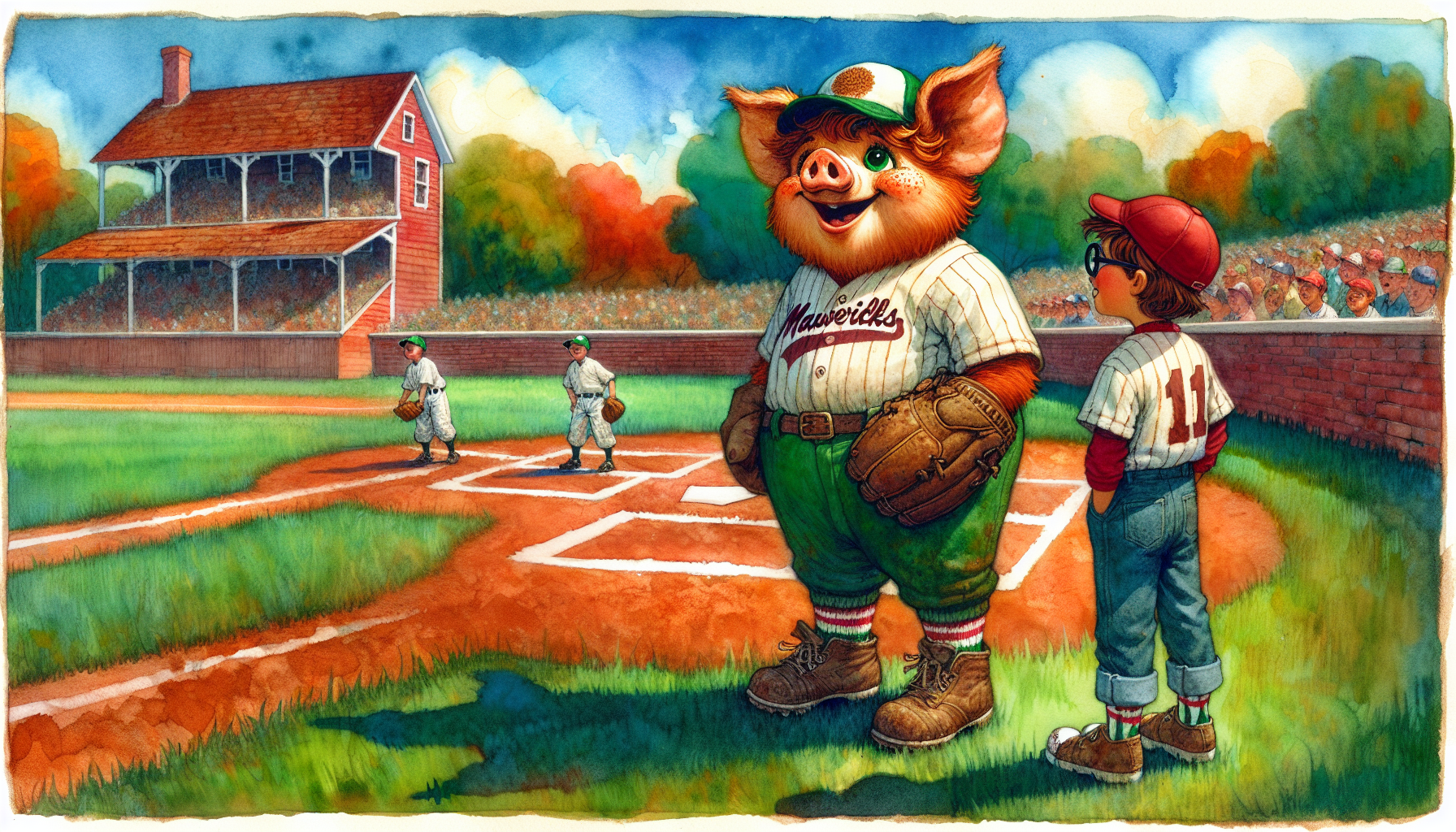 Big Boy stands at home plate with an oven mitt, ready to practice.