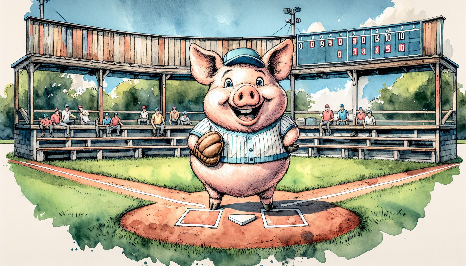 Big Boy stands at home plate during his first official game, with spectators in awe.