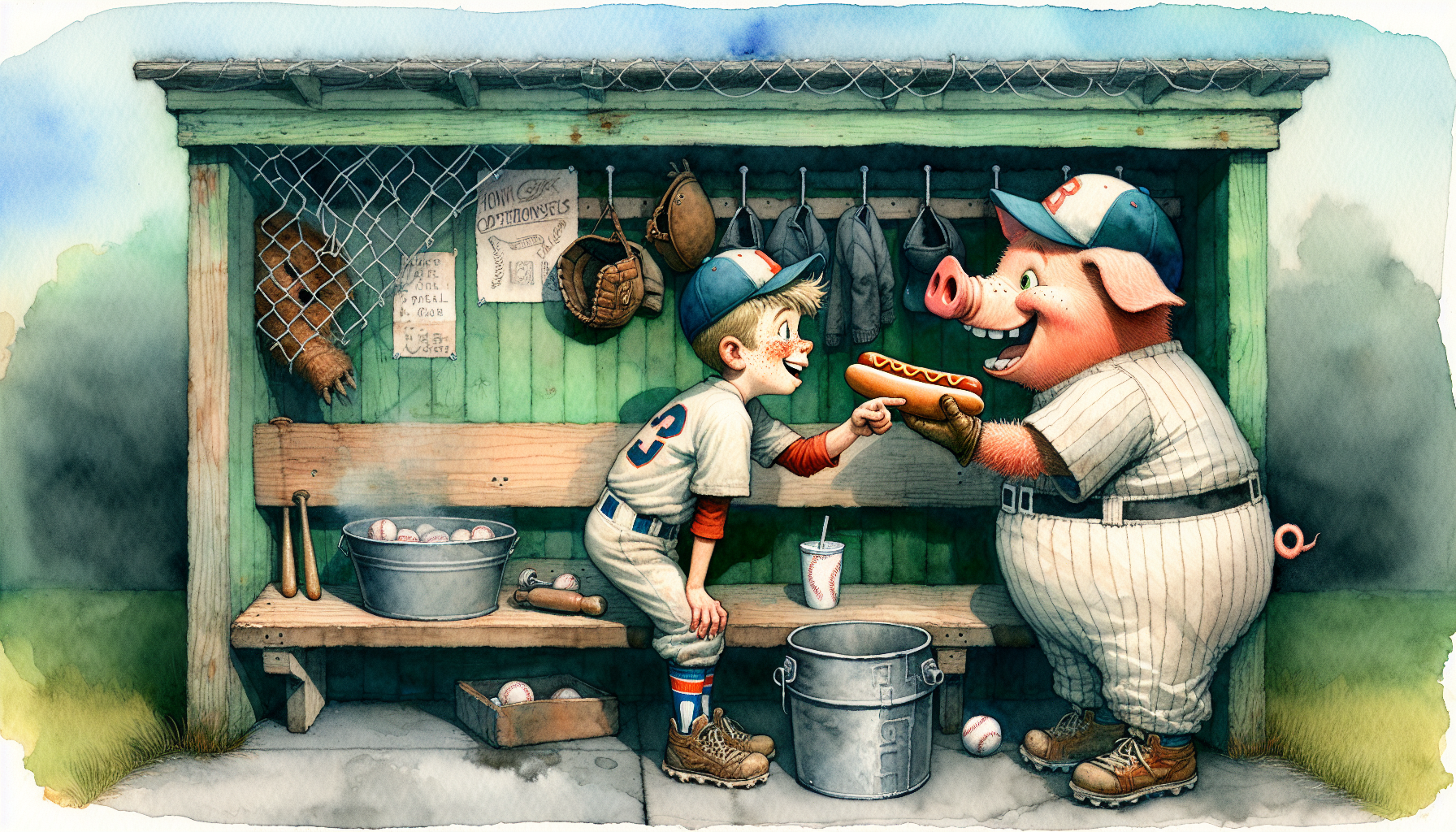 Tommy sneakily offers a hot dog to a tempted Big Boy near the dugout.
