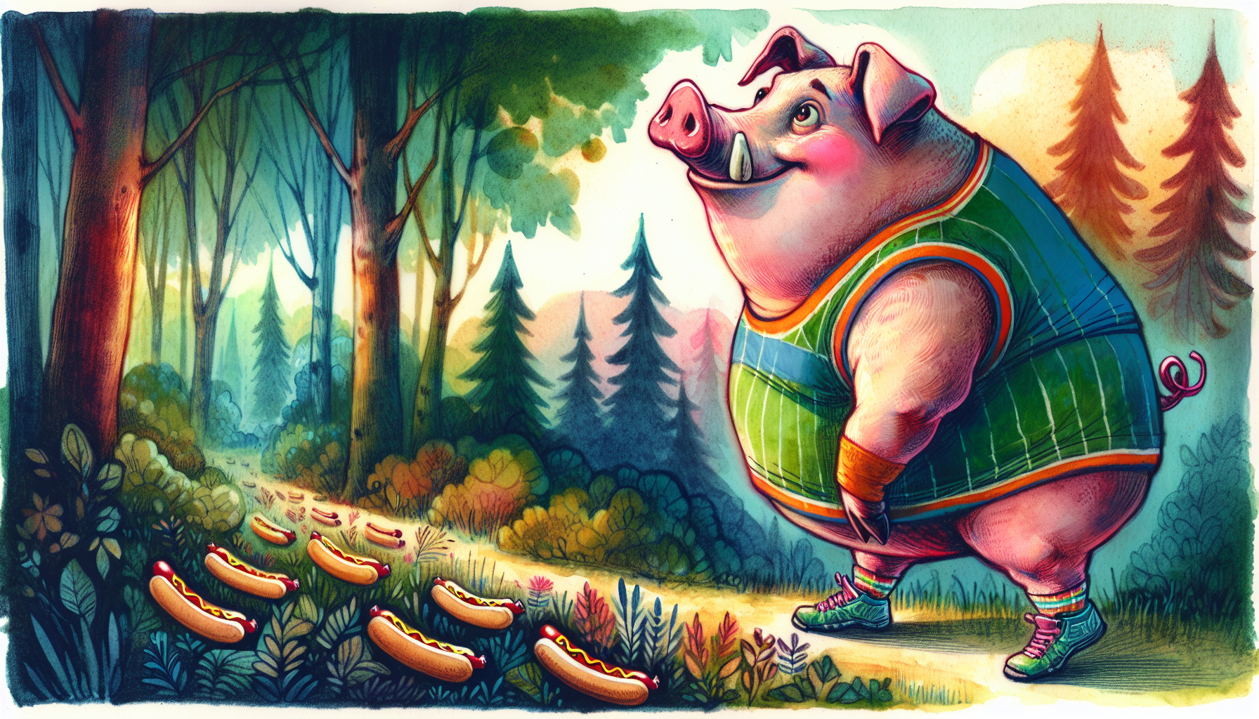 Big Boy stands conflicted at the end of a trail of hot dogs in the woods.