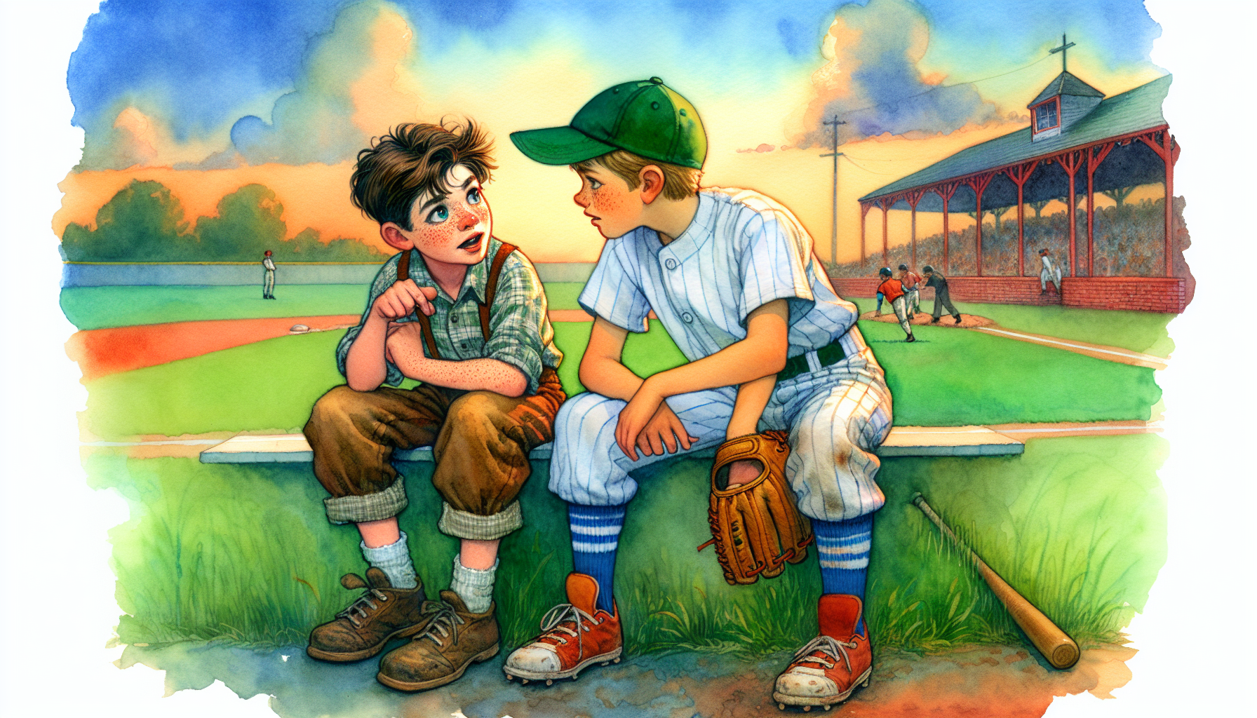 Billy and Tommy share an emotional conversation near the field at sunset.