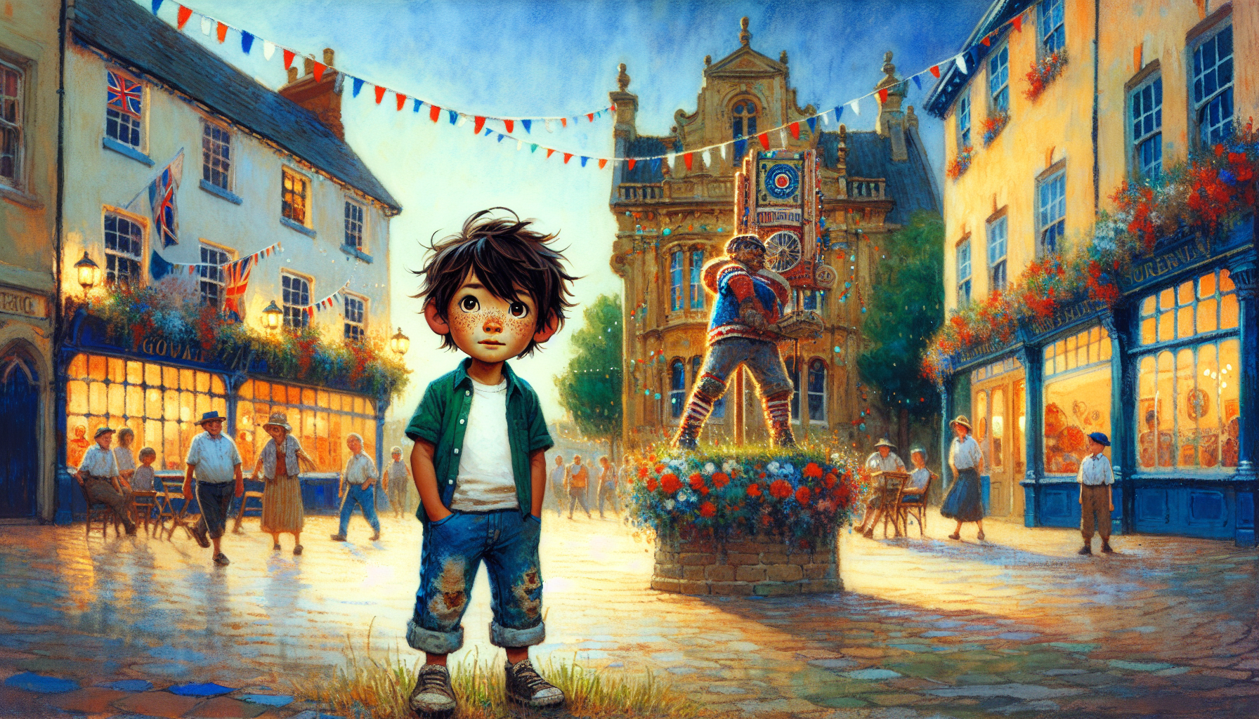 Billy stands in awe at the decorated town square with a giant statue of Big Boy.