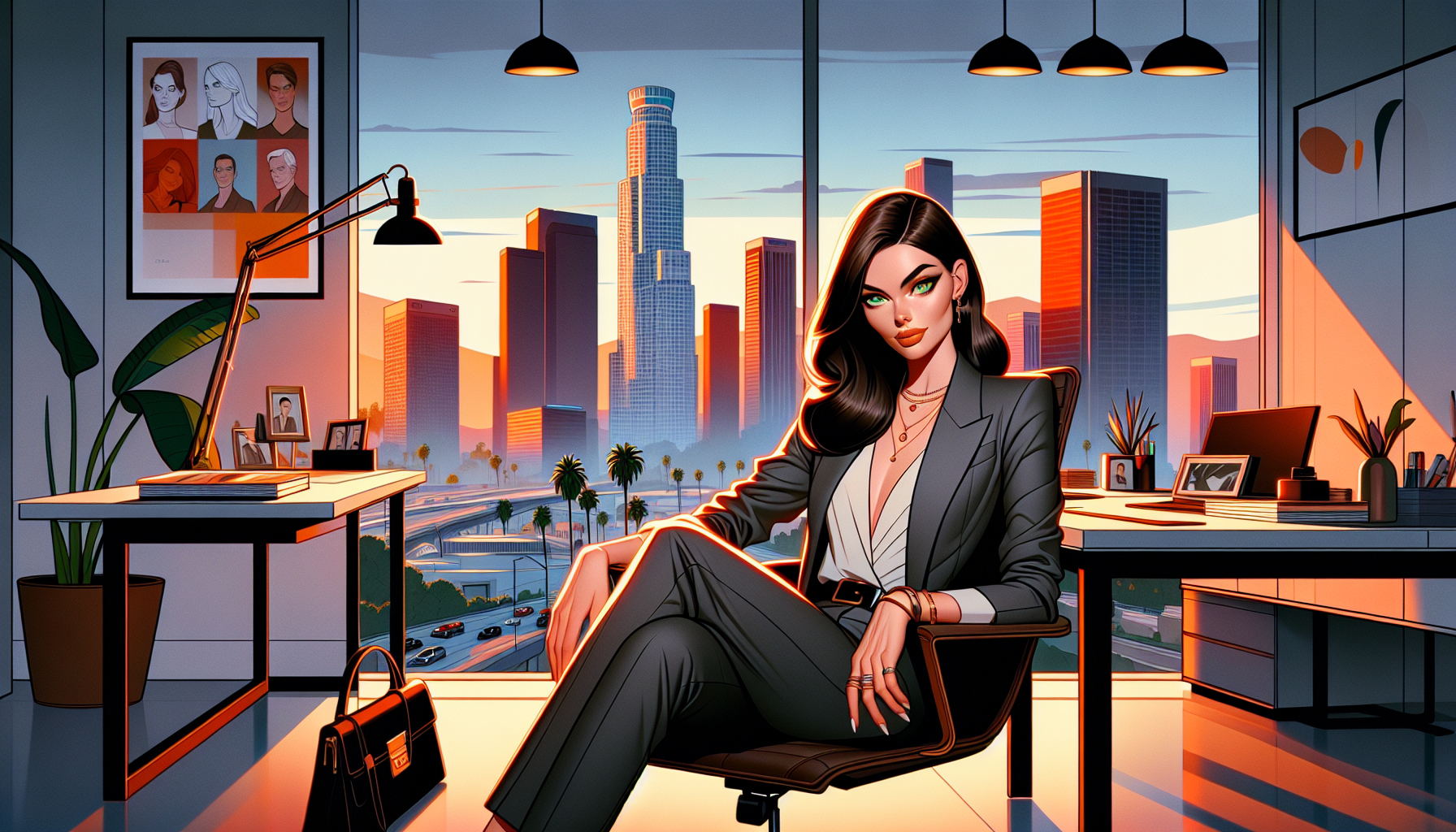 Zoe, smiling confidently, watches a client leave her sleek LA office with the city skyline behind her.