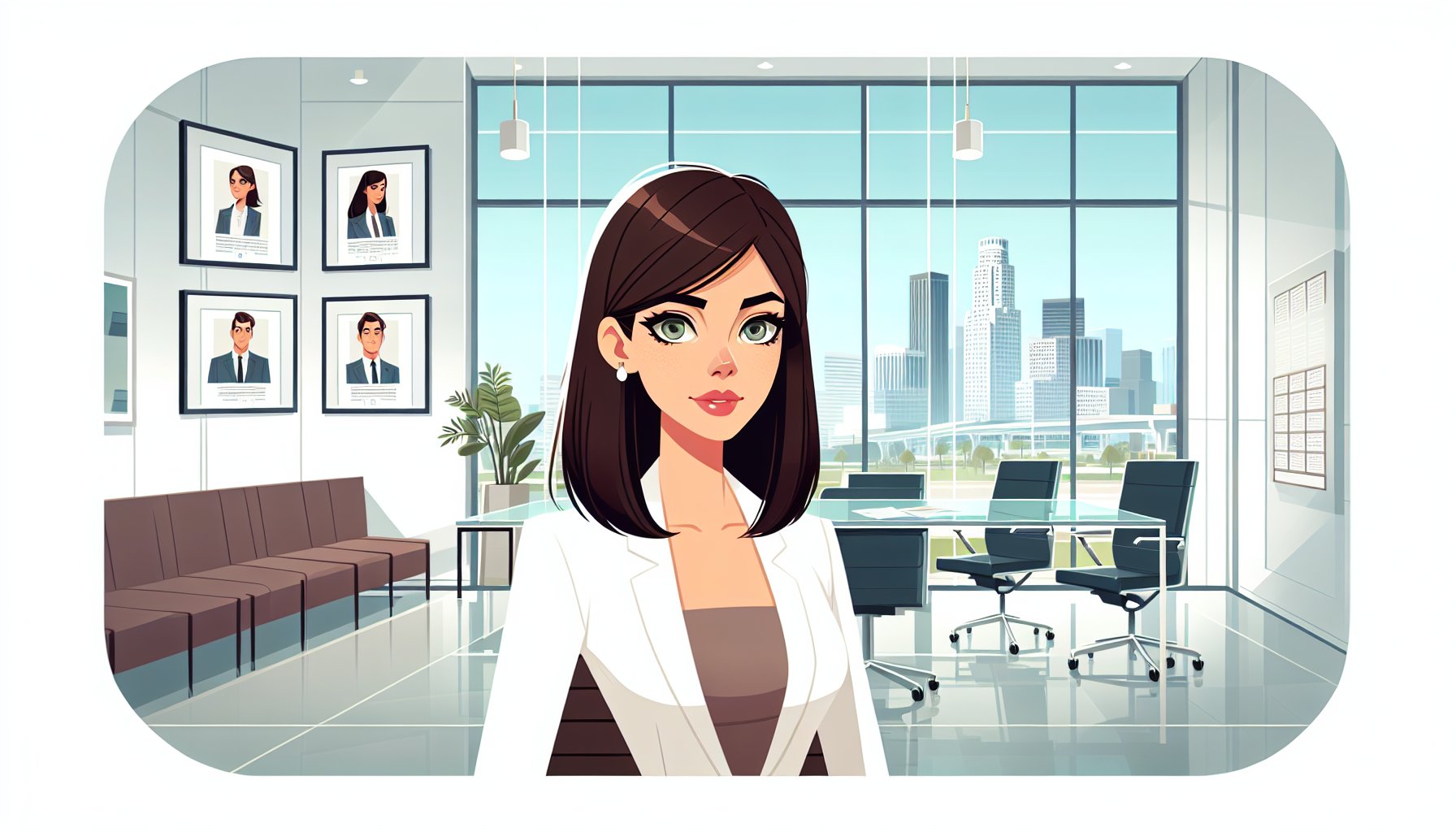 Nervous Zoe in her sleek office, preparing for 'Networking and Nosh' event.