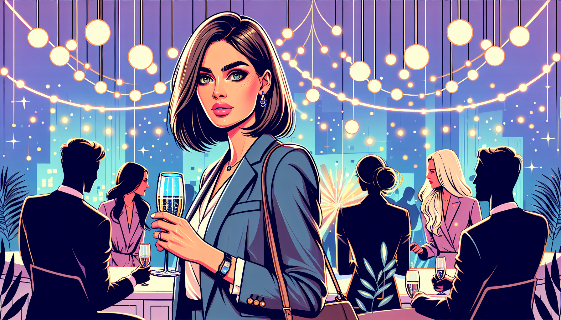 Zoe nervously scans the lively 'Networking and Nosh' event crowd, holding sparkling water.