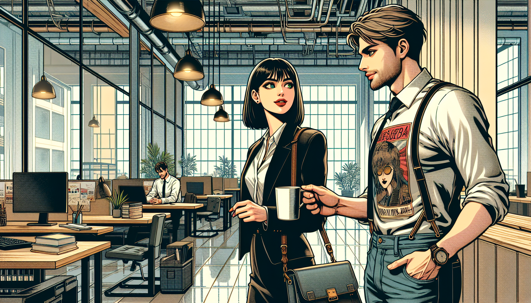 Zoe and Alex sit closely, discussing her career pivot, with Alex handing her a coffee mug.