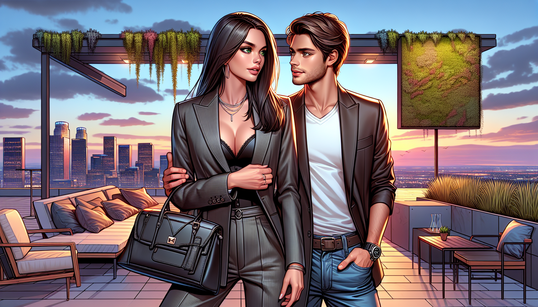 Tender moment between Zoe and Alex on the rooftop terrace, bathed in the golden light of sunset.