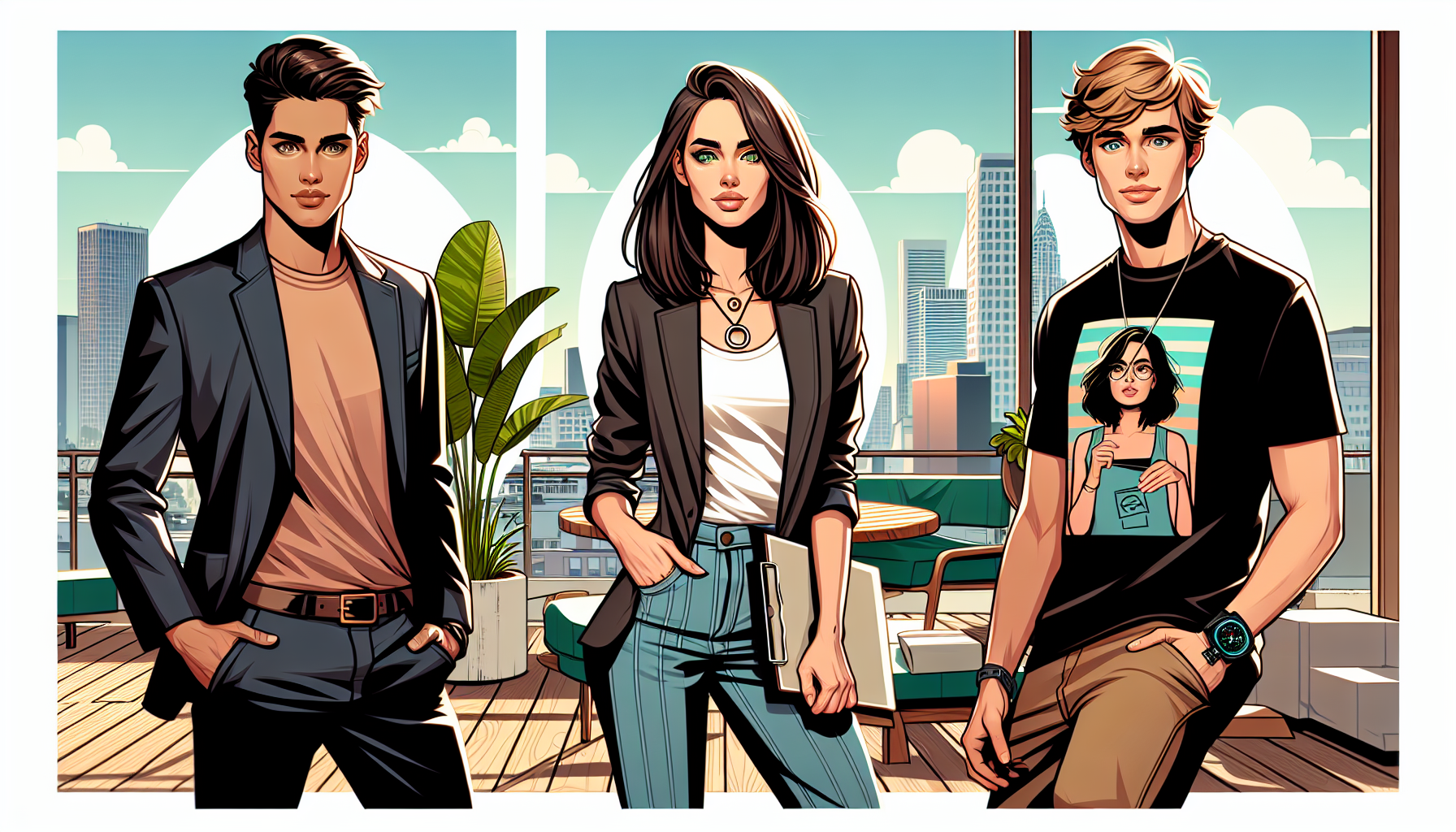 Trevor's over-enthusiastic announcement of a 'trust fall exercise' adds humor to a serene rooftop moment.