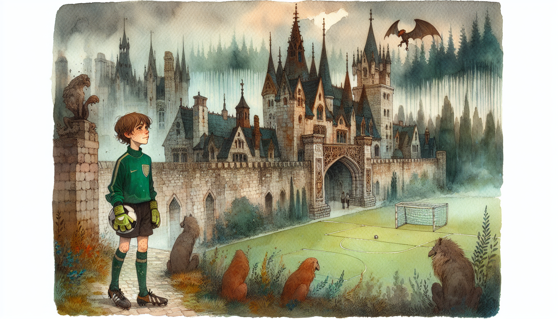 Oliver stands in awe of the ancient castle and its modern soccer field.