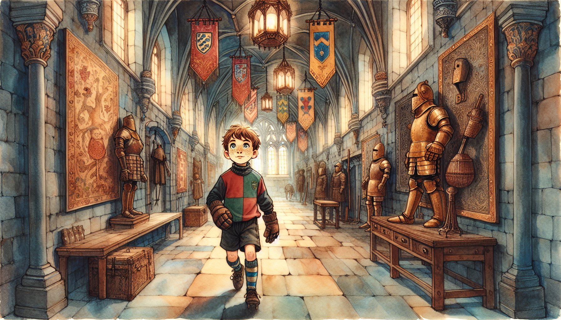 Oliver explores the castle, a mix of medieval artifacts and modern technology.