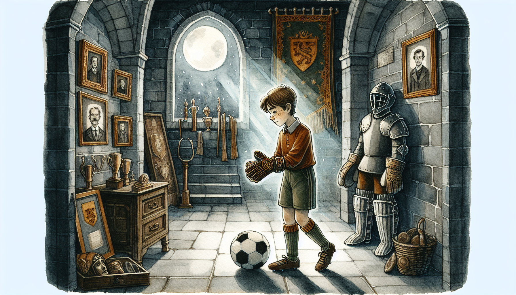 Oliver finds and tries on mysterious goalkeeper gloves in a dusty trophy room.