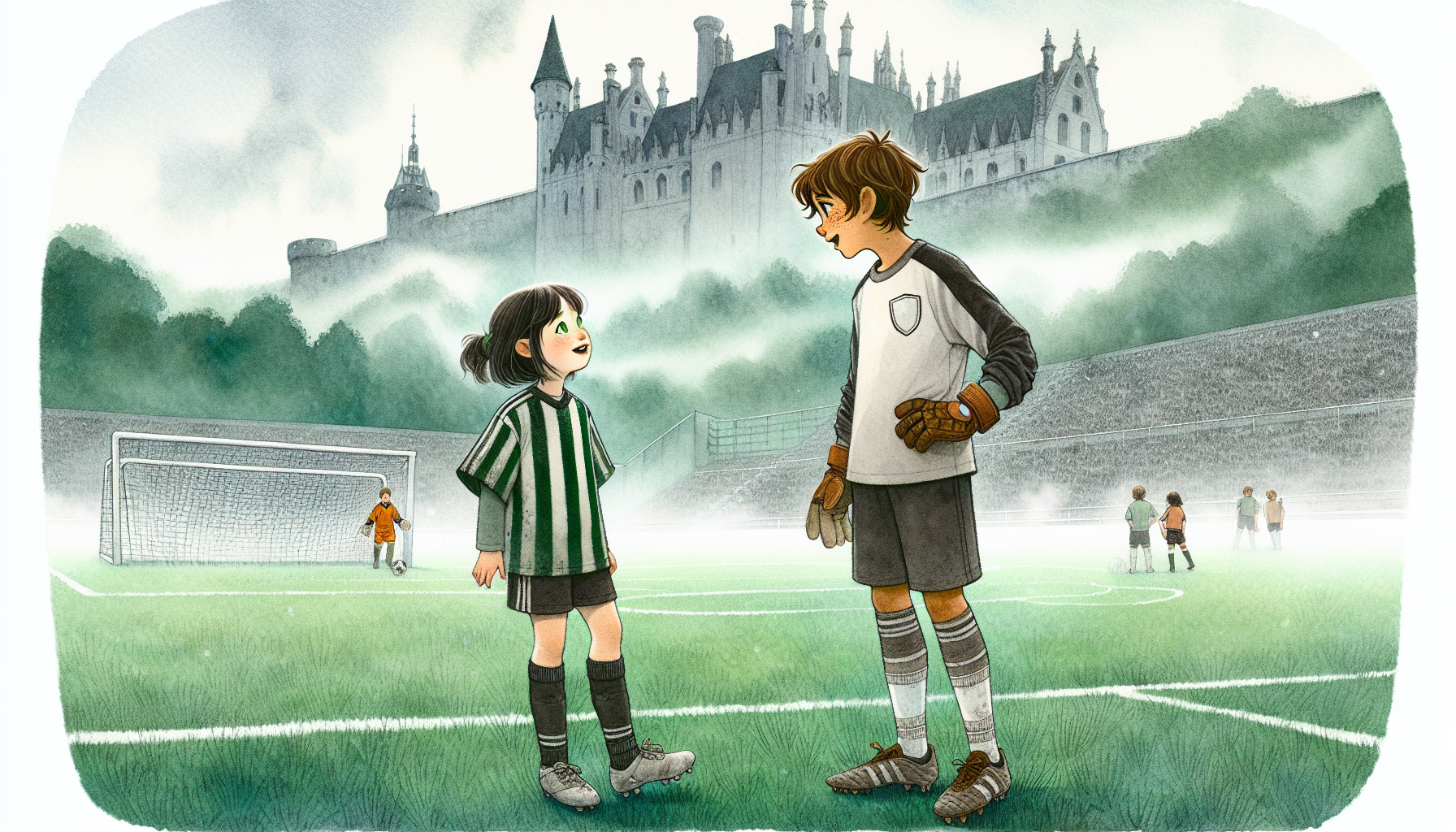 Oliver and Emma chat during a break on the foggy soccer field.