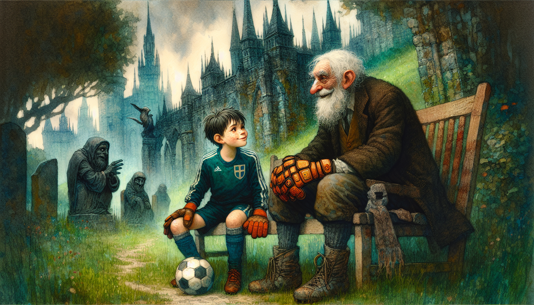 The Groundskeeper explains the cursed gloves to Oliver in the gardens.