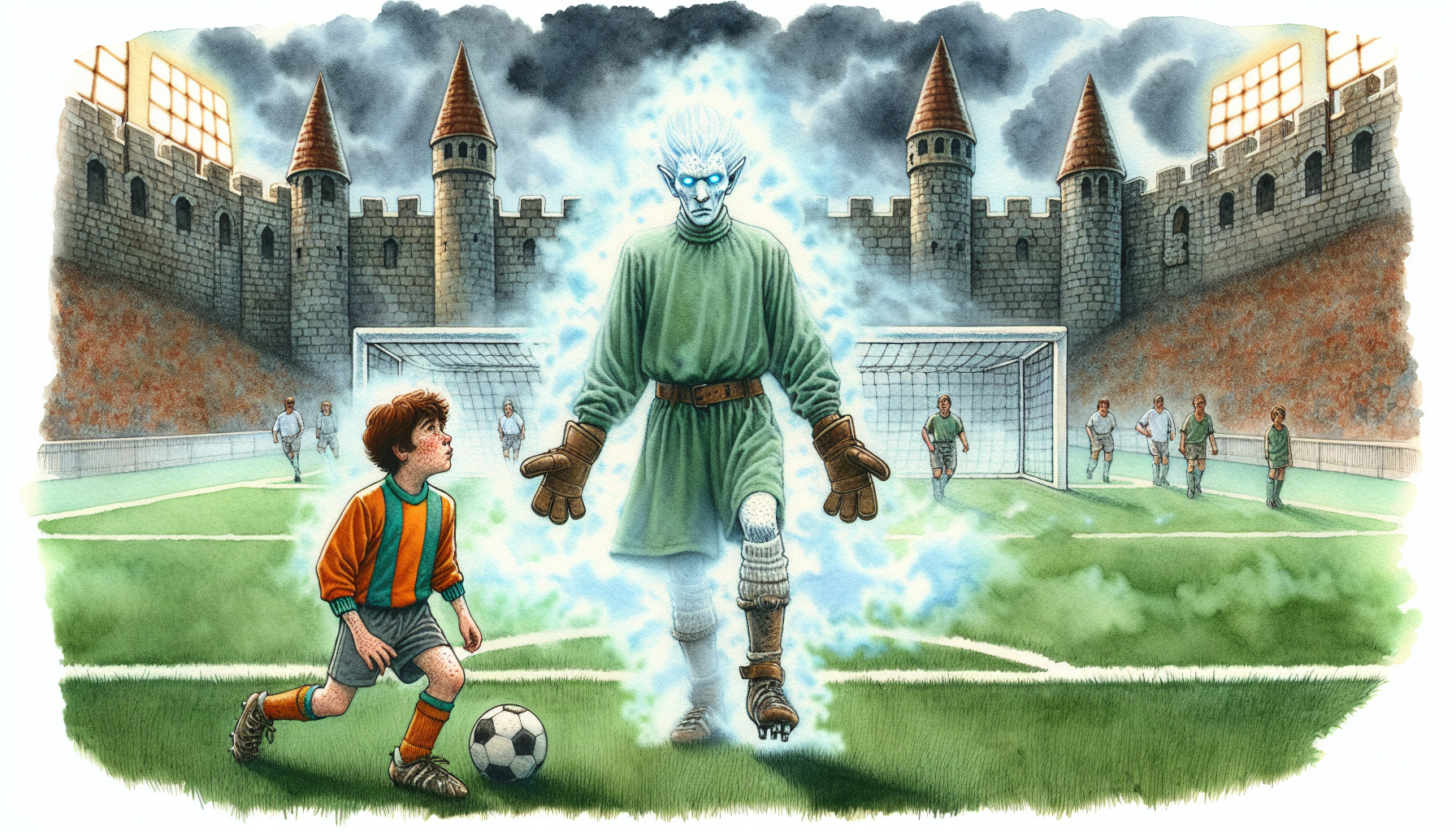 Oliver confronts the Ghost Keeper on an eerie, misty field.