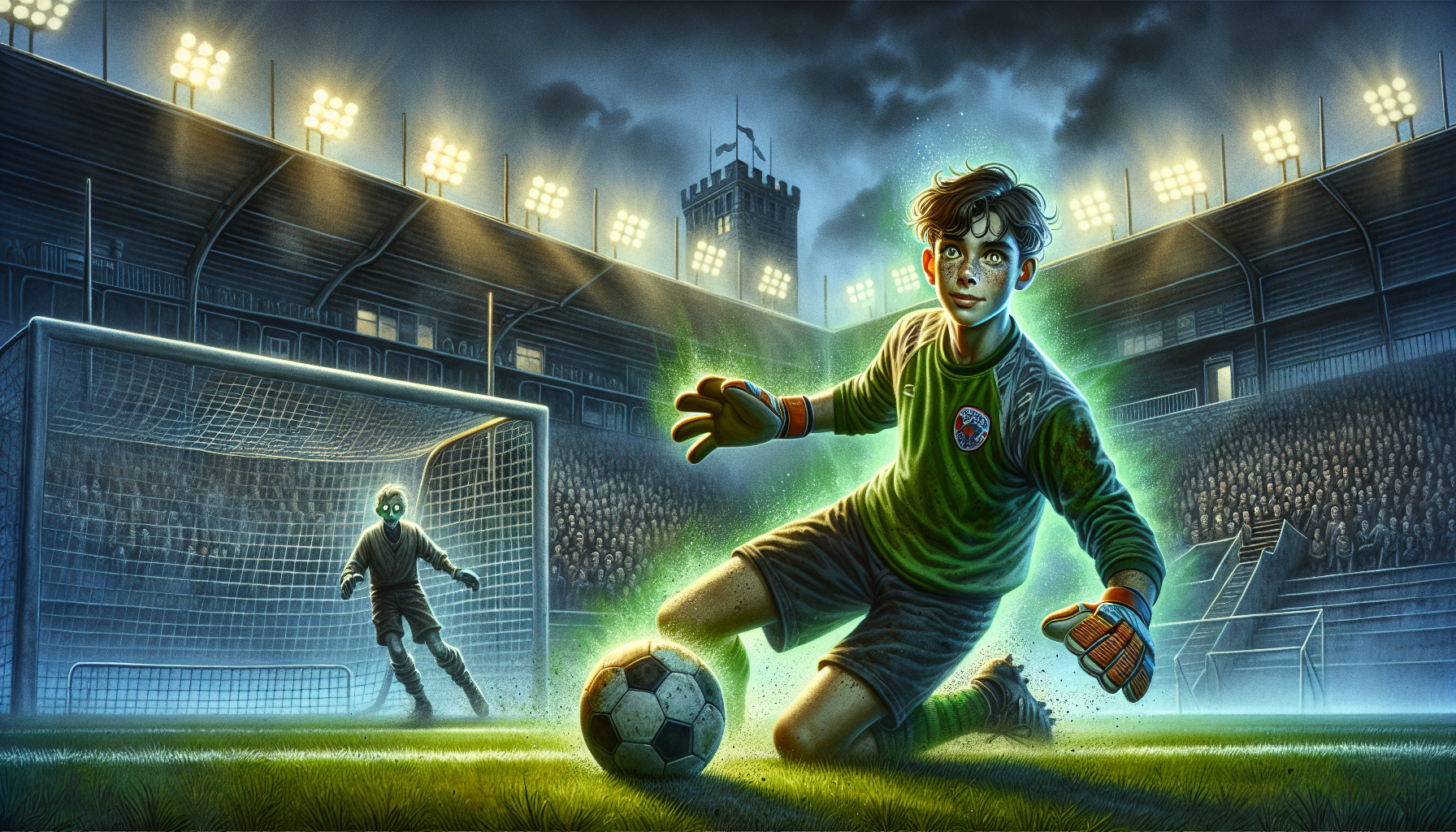 Oliver makes a crucial save against the Ghost Keeper in a glowing scene.