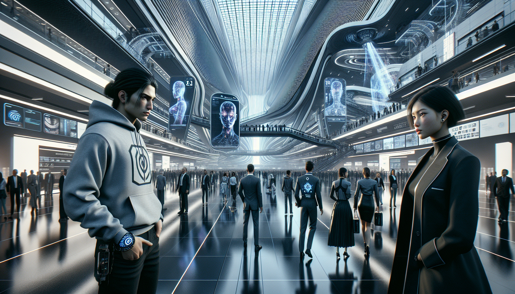 Zoe and Void discuss the challenge amid the conference buzz, Zoe emphasizing the puzzle over the spotlight.