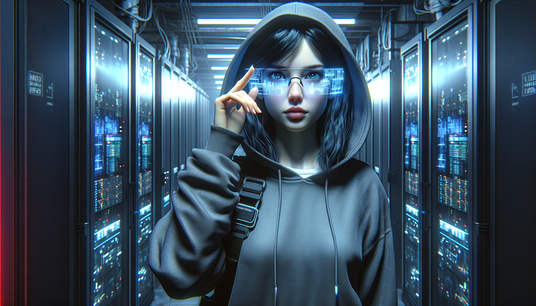 Zoe stands before a nondescript door in a deserted corridor, preparing to enter the restricted area.