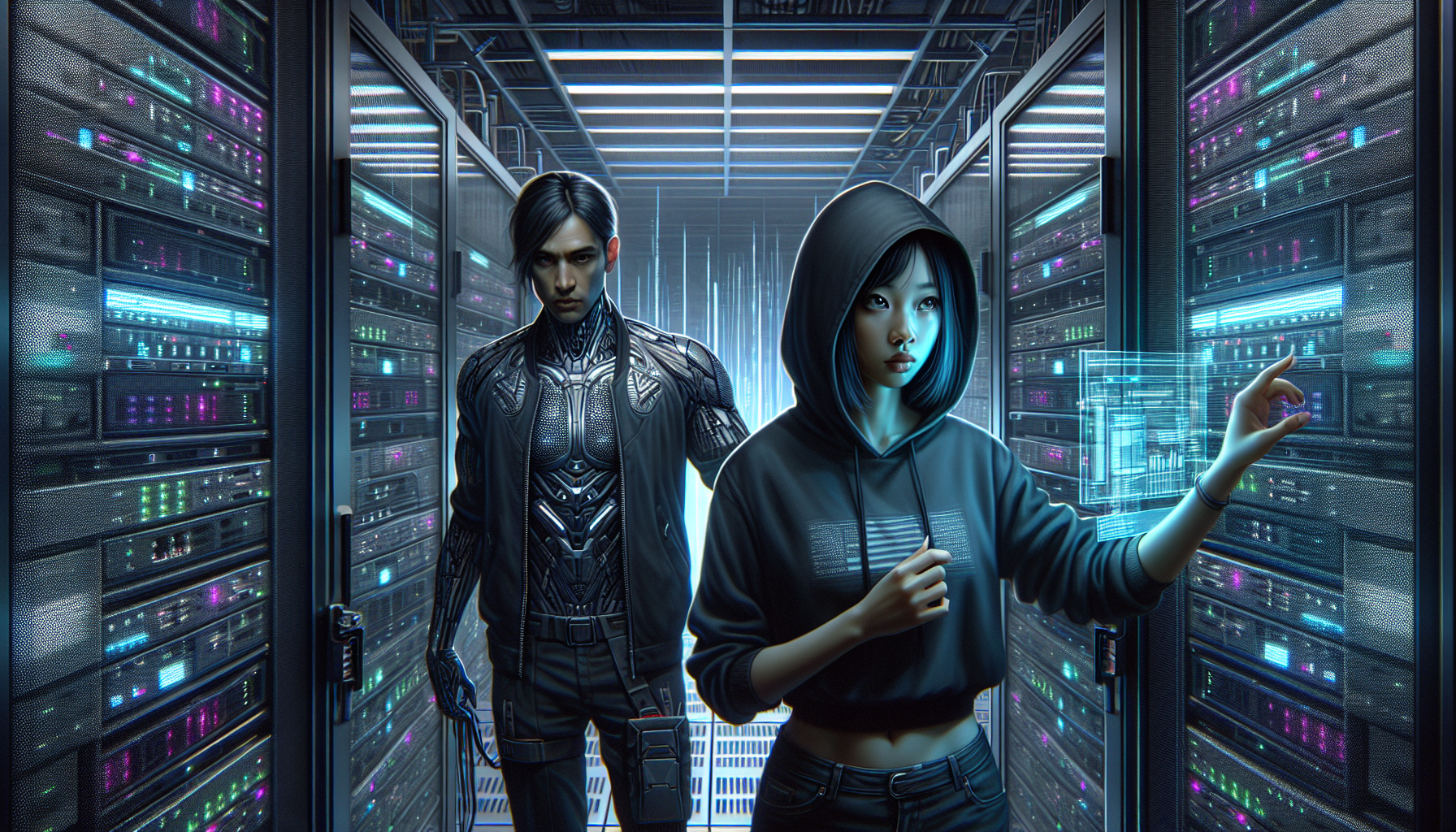 Zoe cracks the security and enters a server room, encountering Marco 'The Shark' Valdez.