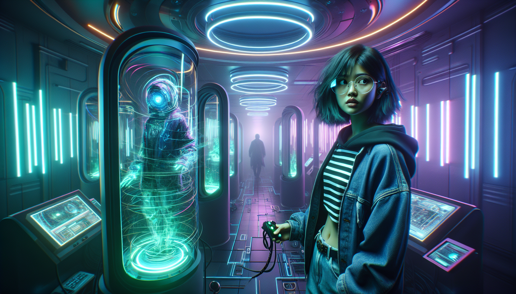 Zoe reaches the VR mountain peak, glimpsing a figure like The Phantom before exiting the pod.