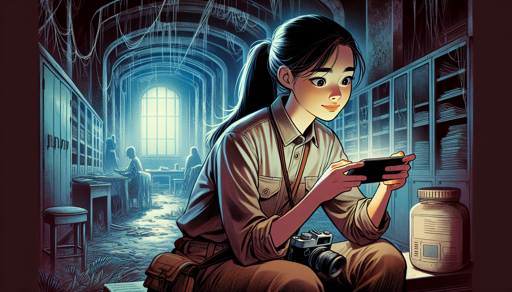 Lily texts her friends about the camera discovery in her dim room.