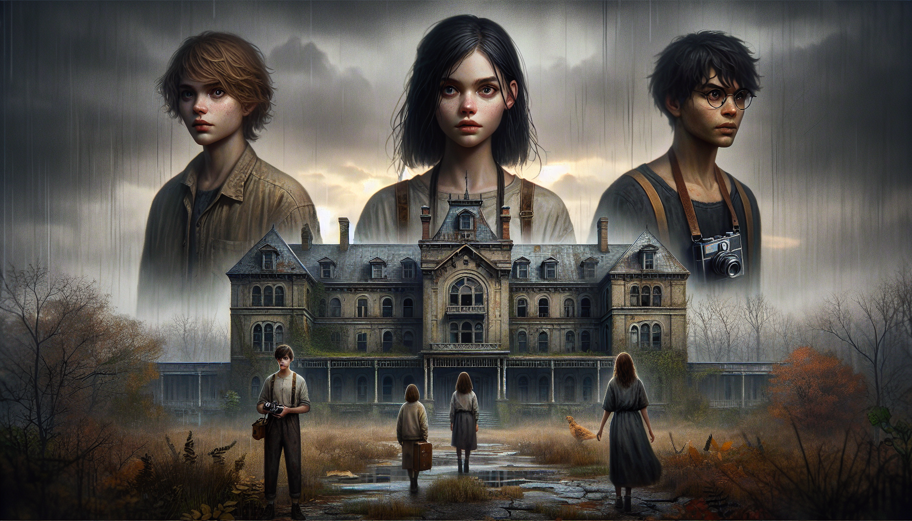 Lily, with Jake and Zoe, stands outside the ominous Ravenswood Asylum.