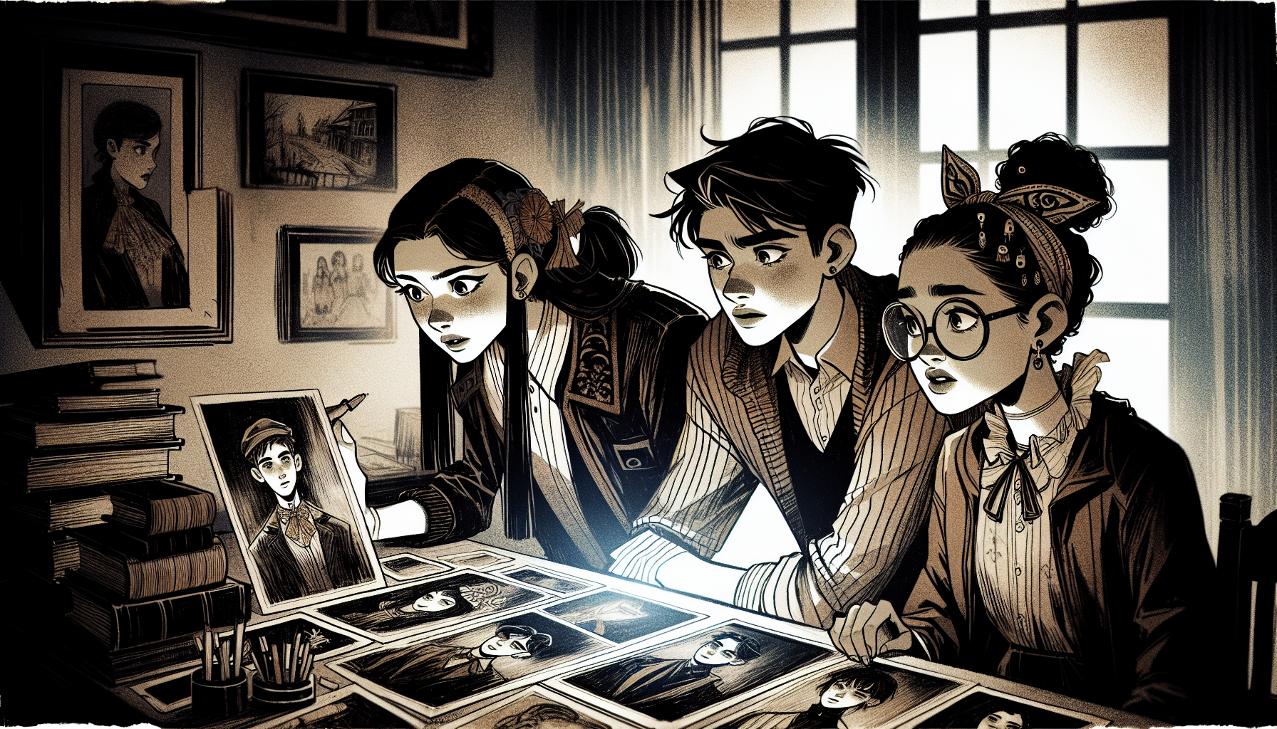 The friends examine photos showing ghosts in a dimly lit darkroom.